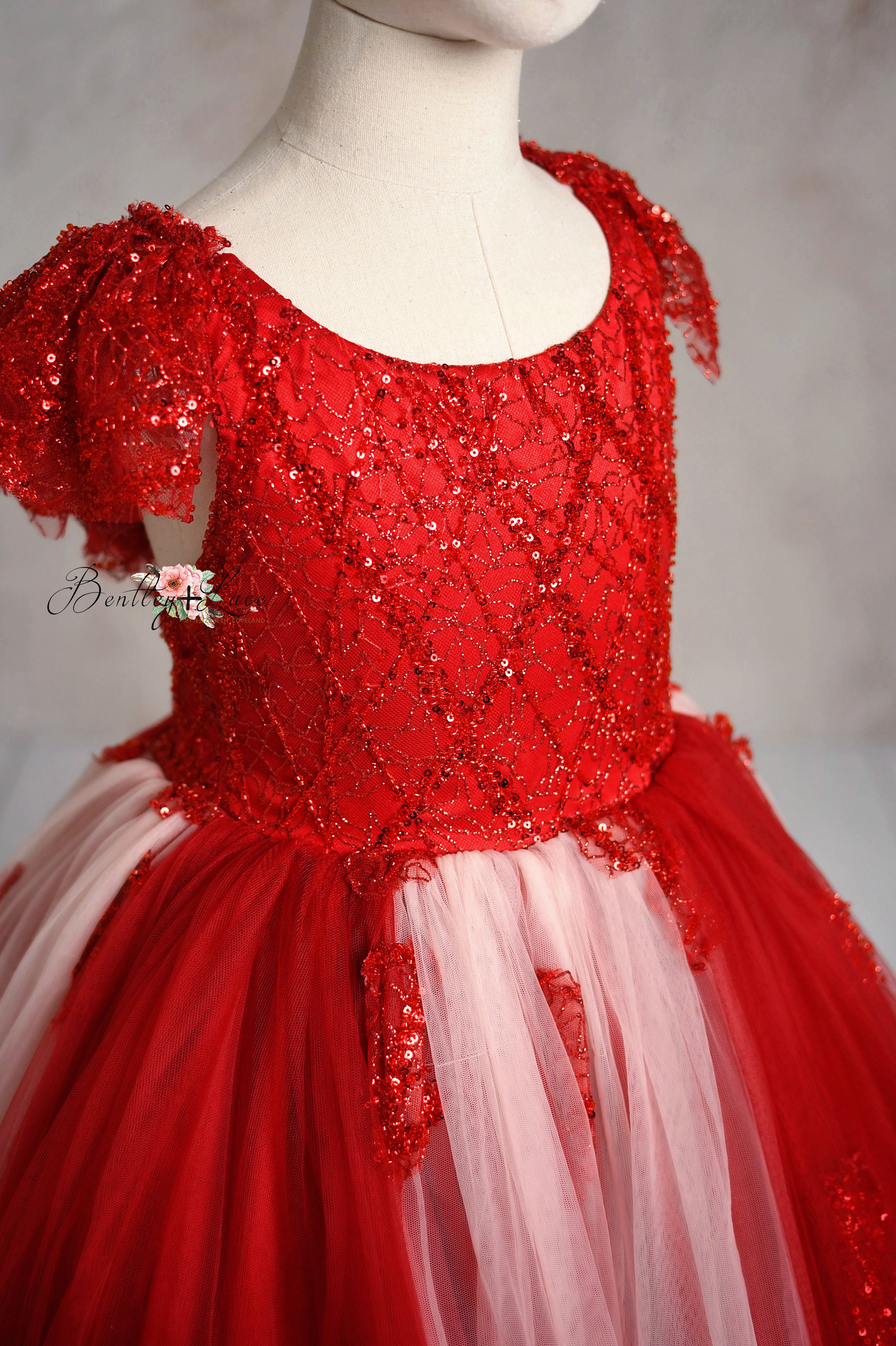 "Scarlet Sparkle" Tulle Floor Length Gown + Sequin Bow (6-7Year)