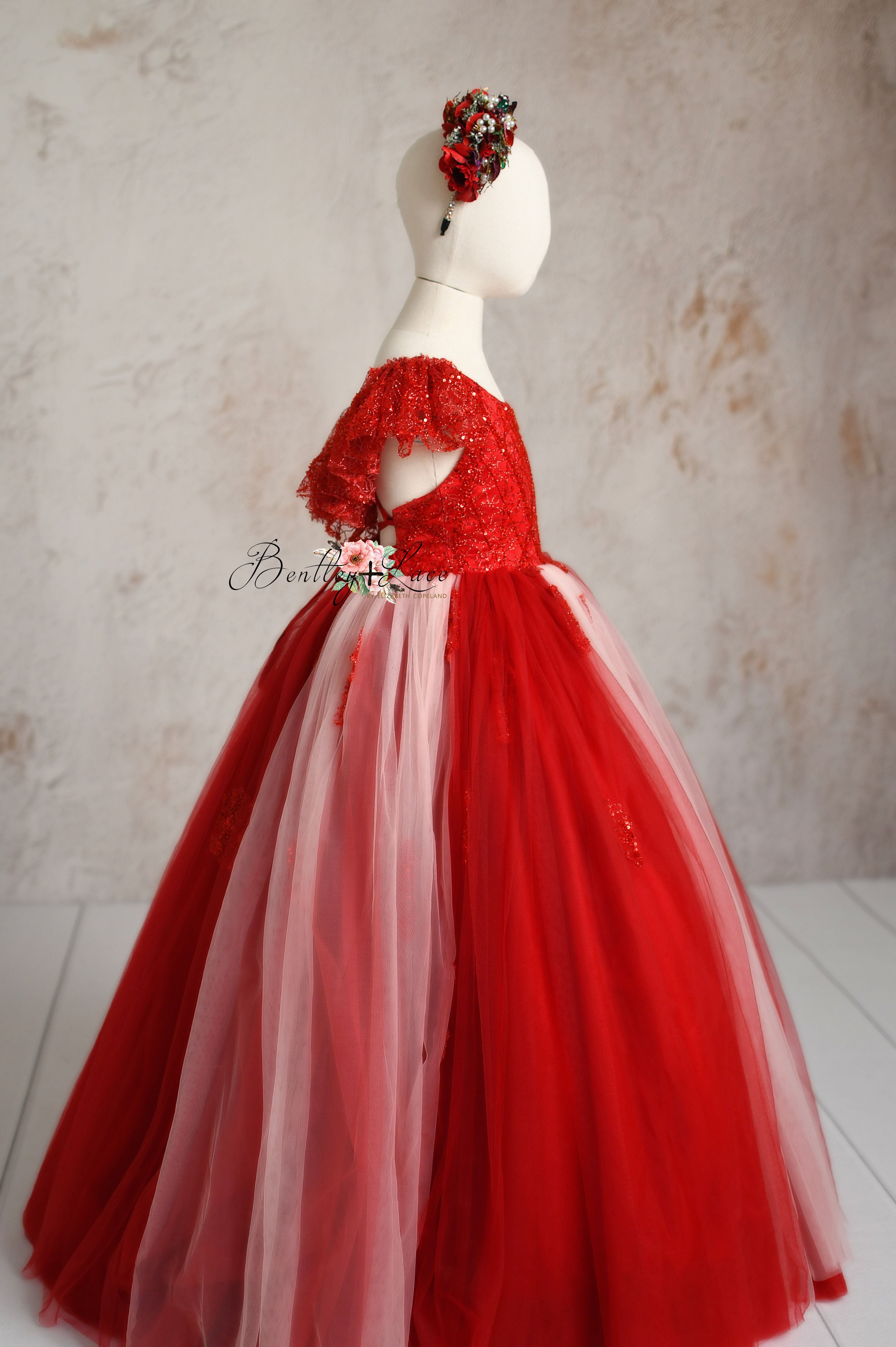 "Scarlet Sparkle" Tulle Floor Length Gown + Sequin Bow (6-7Year)