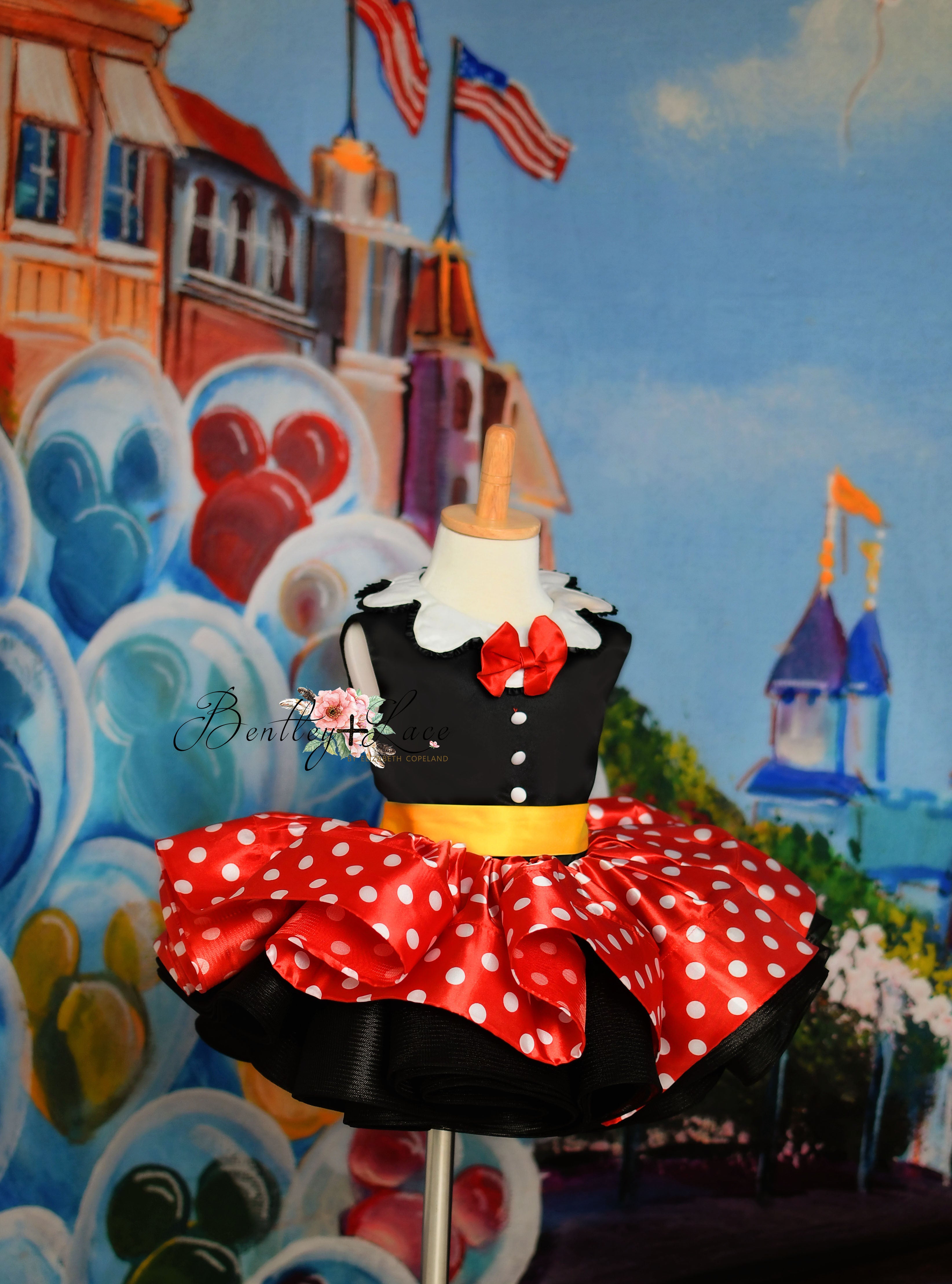 Miss Mouse" petal-length gown with a Minnie-inspired design, ideal for toddler girls aged 3-4 years.