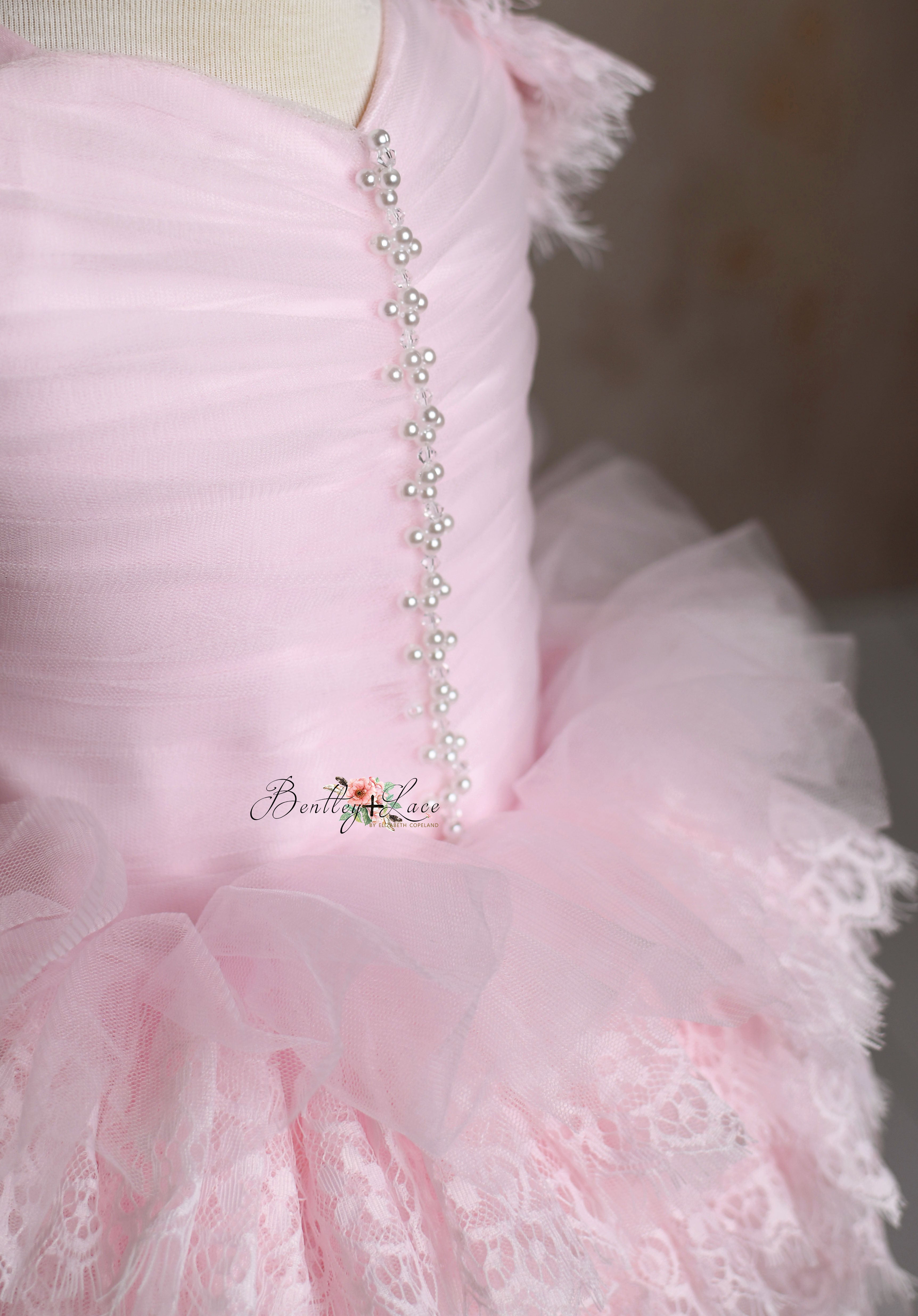 Elegant Soft Pink Alyssa Dress for Girls | Hand-Pleated Tulle & Lace Sleeves Elegant Soft Pink Alyssa Dress for Girls | Hand-Pleated Tulle & Lace Sleeves
