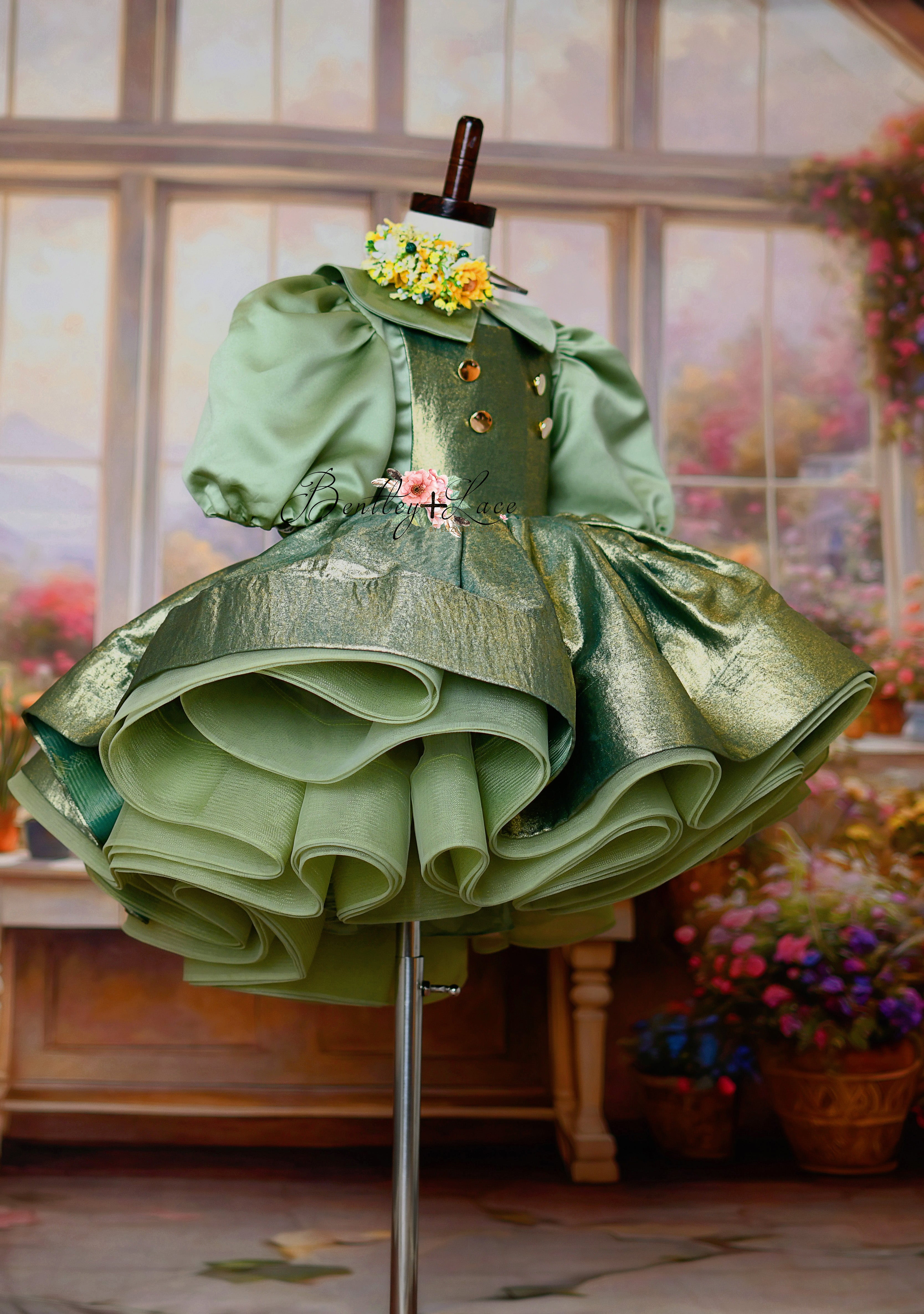 Golden Belle Vintage-Inspired Dress with Petal Apron & Detachable Bodices in Sage + Blush (5-7 Years)