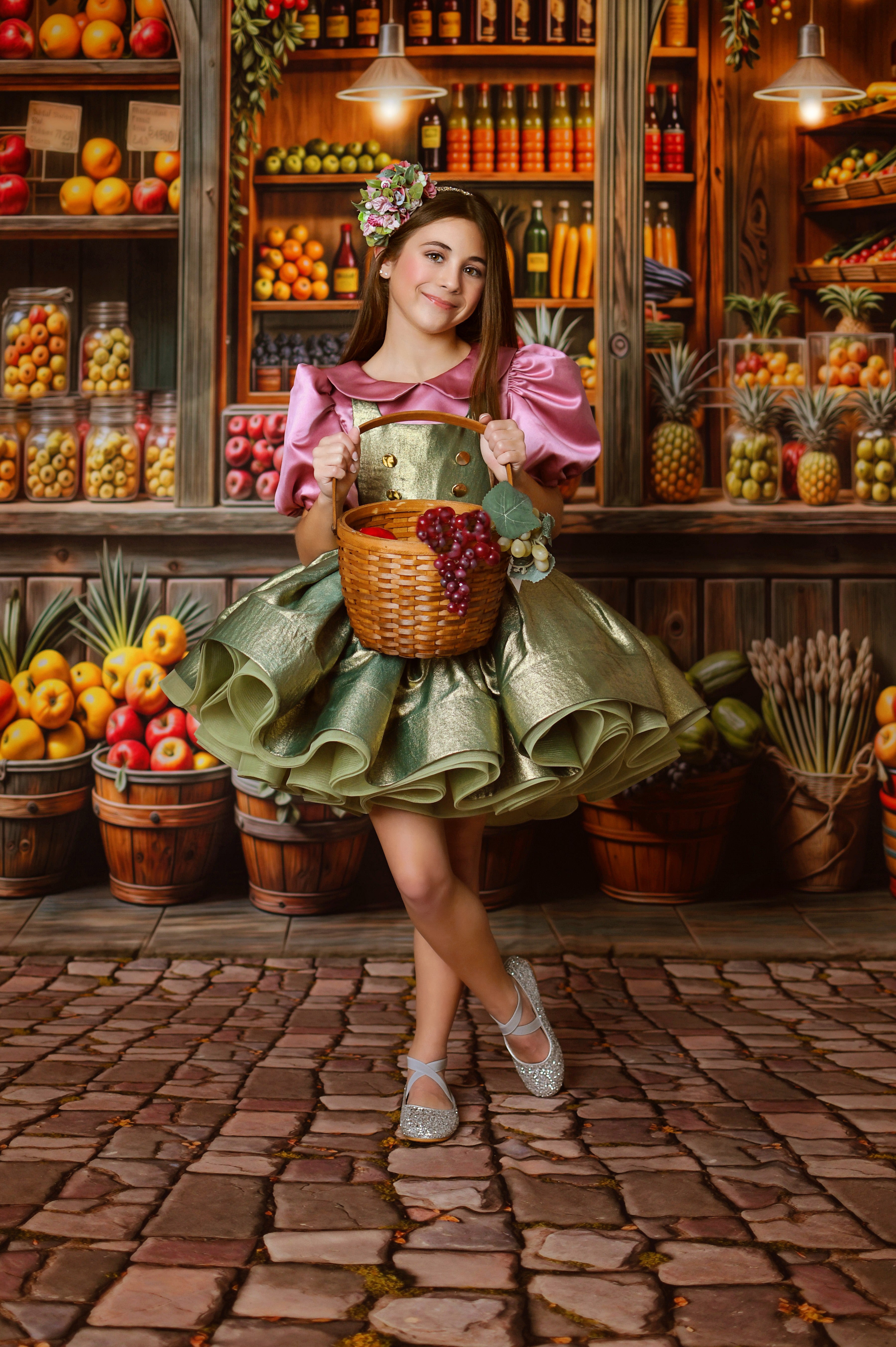 Girl wearing a vintage inspired dress for a fruit stand photography backdrop- photography session.