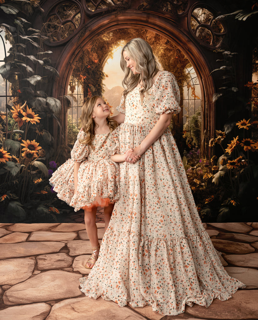 Couture Rental Gown: Floral Revival  Ivory/Peach (Teen-up to Adult size 6)