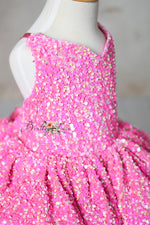 Retro Velvet Glam Pink Candy Sequin Petal Gown  – Couture Editorial Dress for Special Occasions