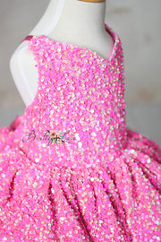 Retro Velvet Glam Pink Candy Sequin Petal Gown  – Couture Editorial Dress for Special Occasions