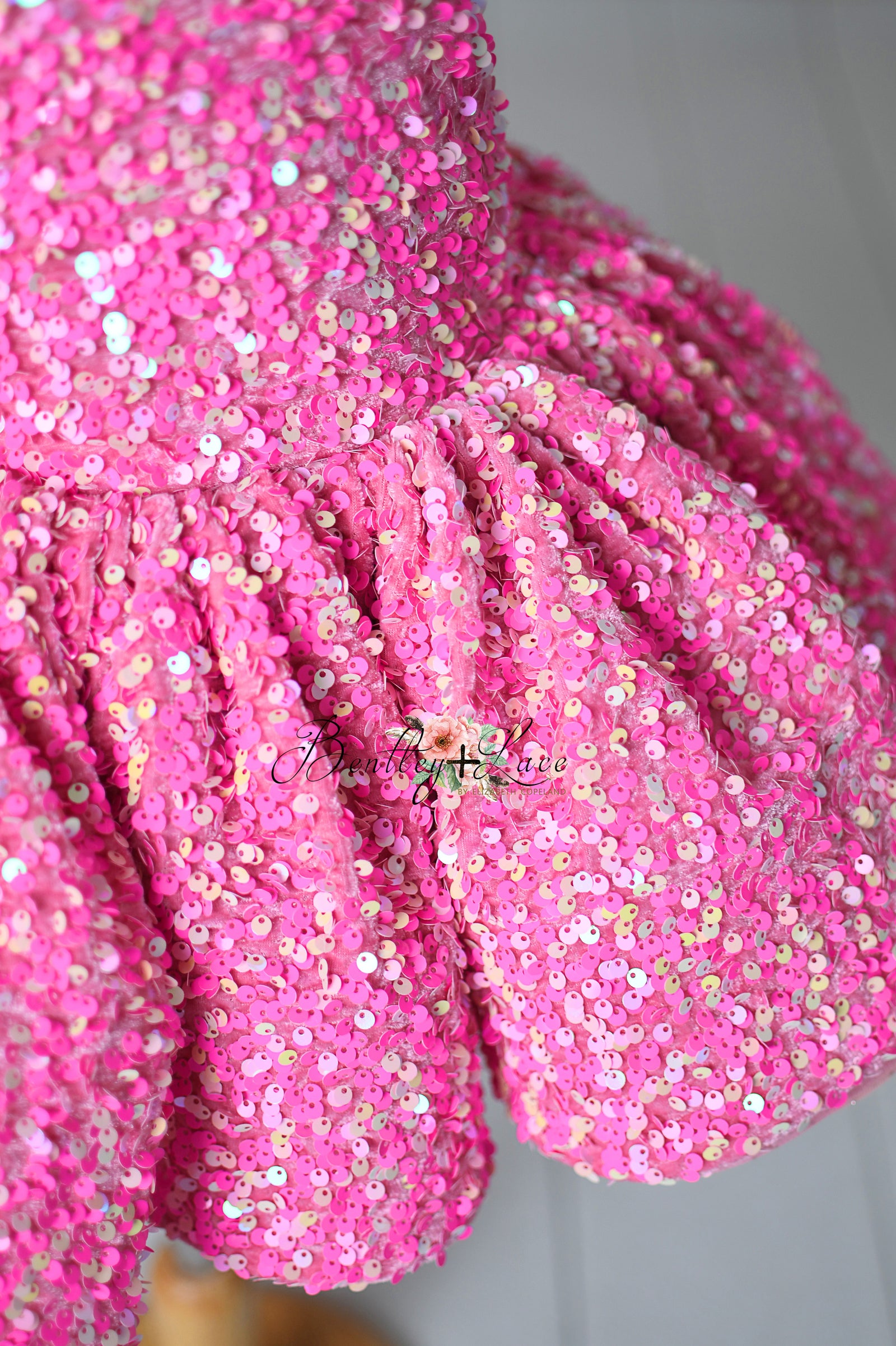 Retro Velvet Glam Pink Candy Sequin Petal Gown  – Couture Editorial Dress for Special Occasions