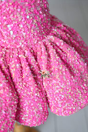 Retro Velvet Glam Pink Candy Sequin Petal Gown  – Couture Editorial Dress for Special Occasions