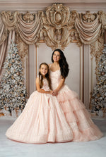 Teen model wearing Sugar Rosette floor-length gown with Swiss dot tulle skirt

