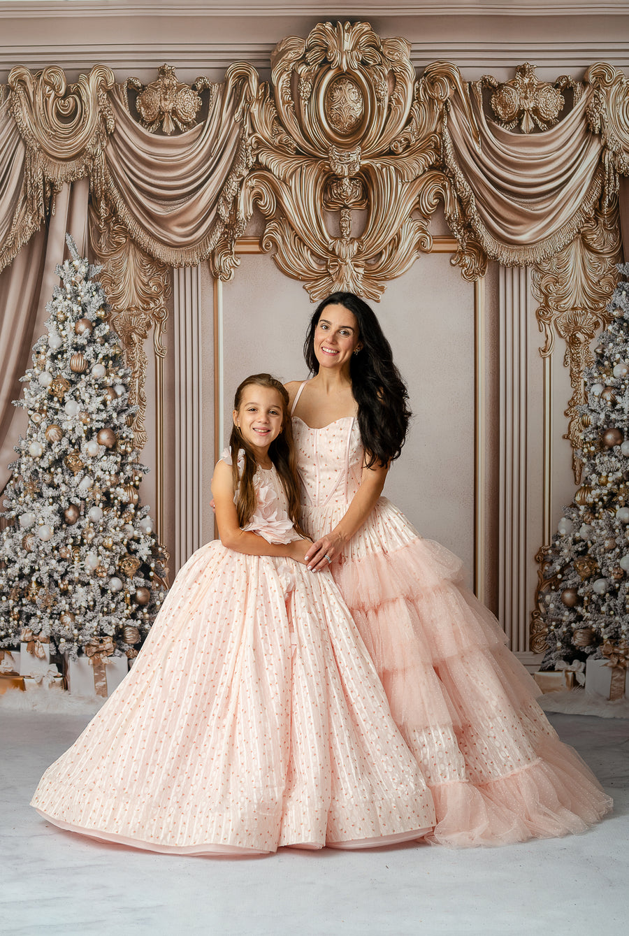 Teen model wearing Sugar Rosette floor-length gown with Swiss dot tulle skirt

