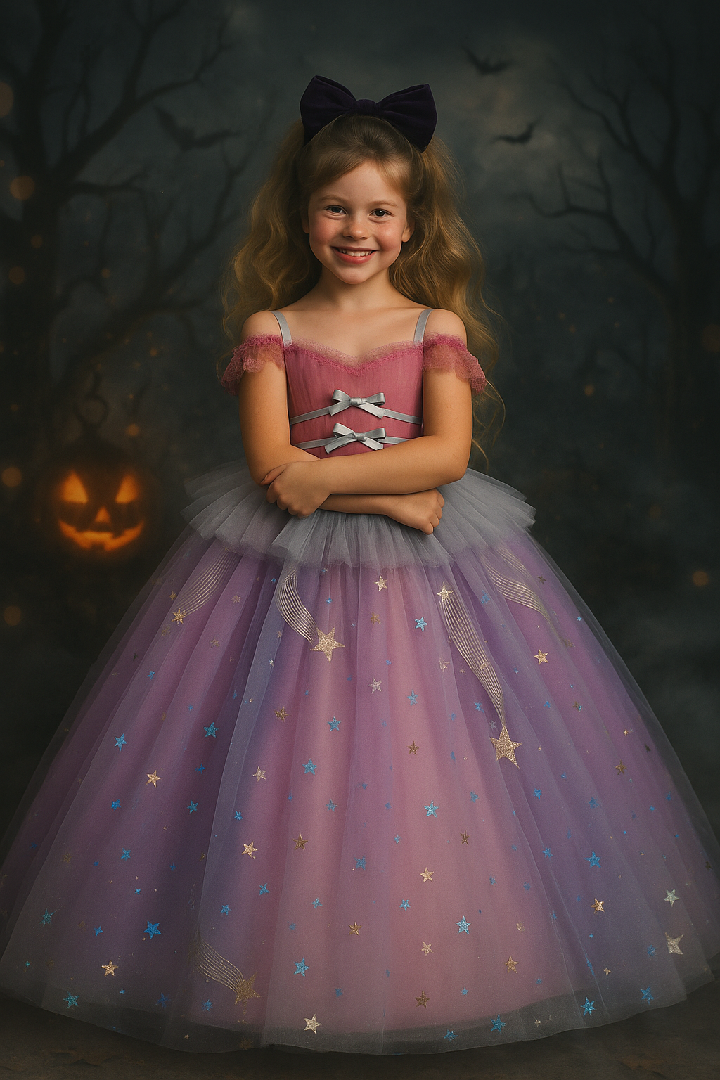 Young girl in a purple and gray dress with star patterns, standing against a dark background with a pumpkin.