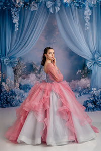  Close-up of the gown's intricate bodice with closed shoulder design, highlighting the attention to detail and high-quality craftsmanship.