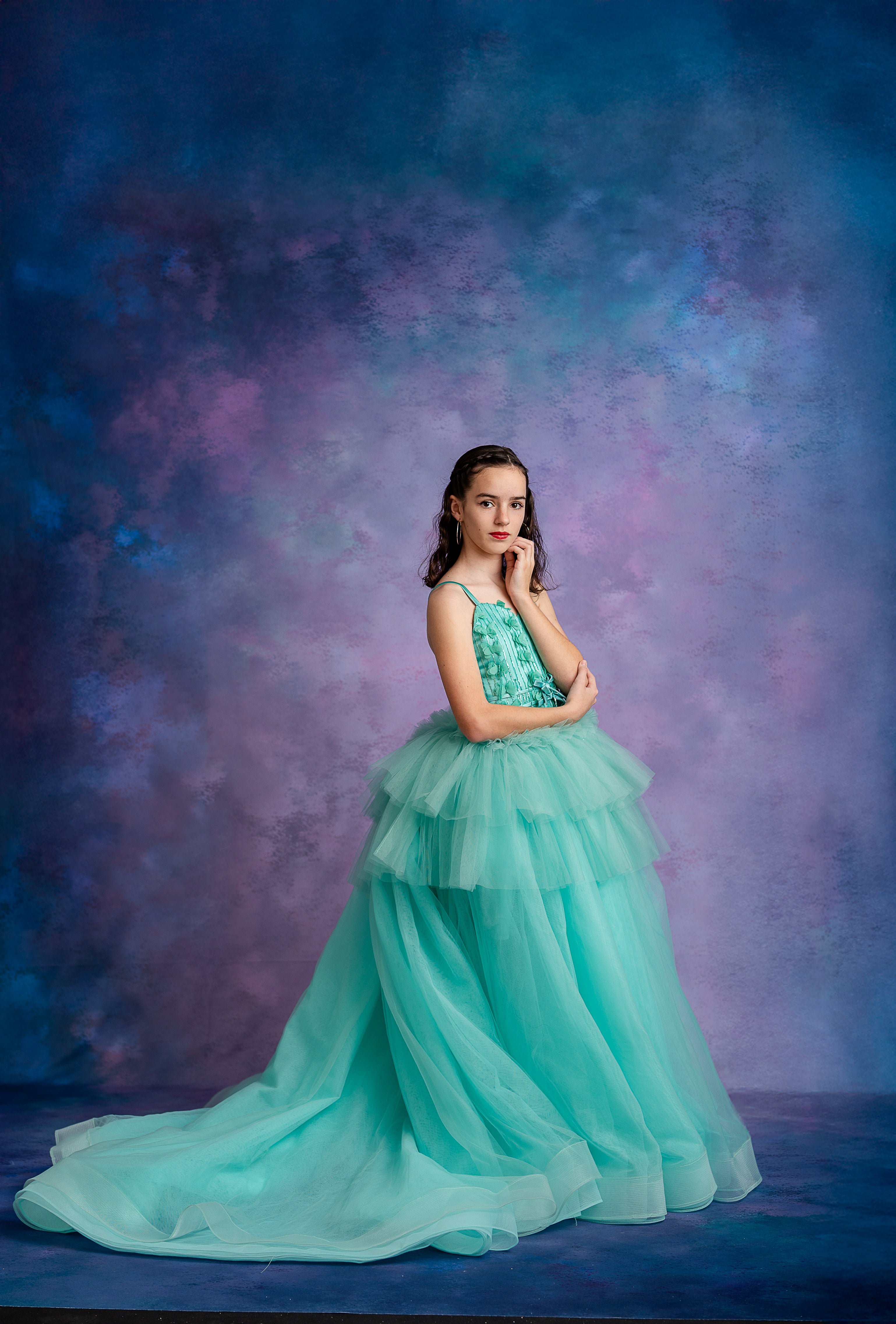 Toddler princess dress in aqua with cascading layers of soft tulle
