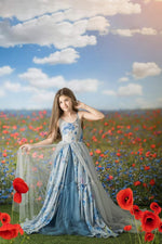 Hillary gown skirt detail with layered soft tulle and front slit.

