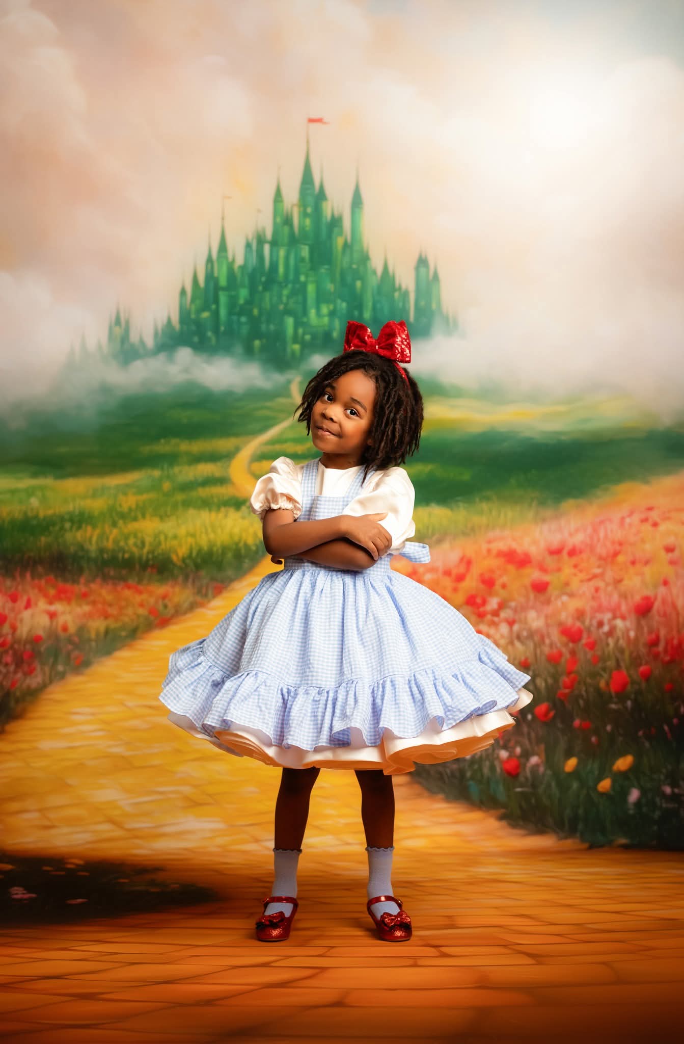 Young girl in a white dress with a red bow standing in front of a colorful painted backdrop with a castle.