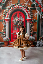 girl wearing custom gingerbread pinafore dress