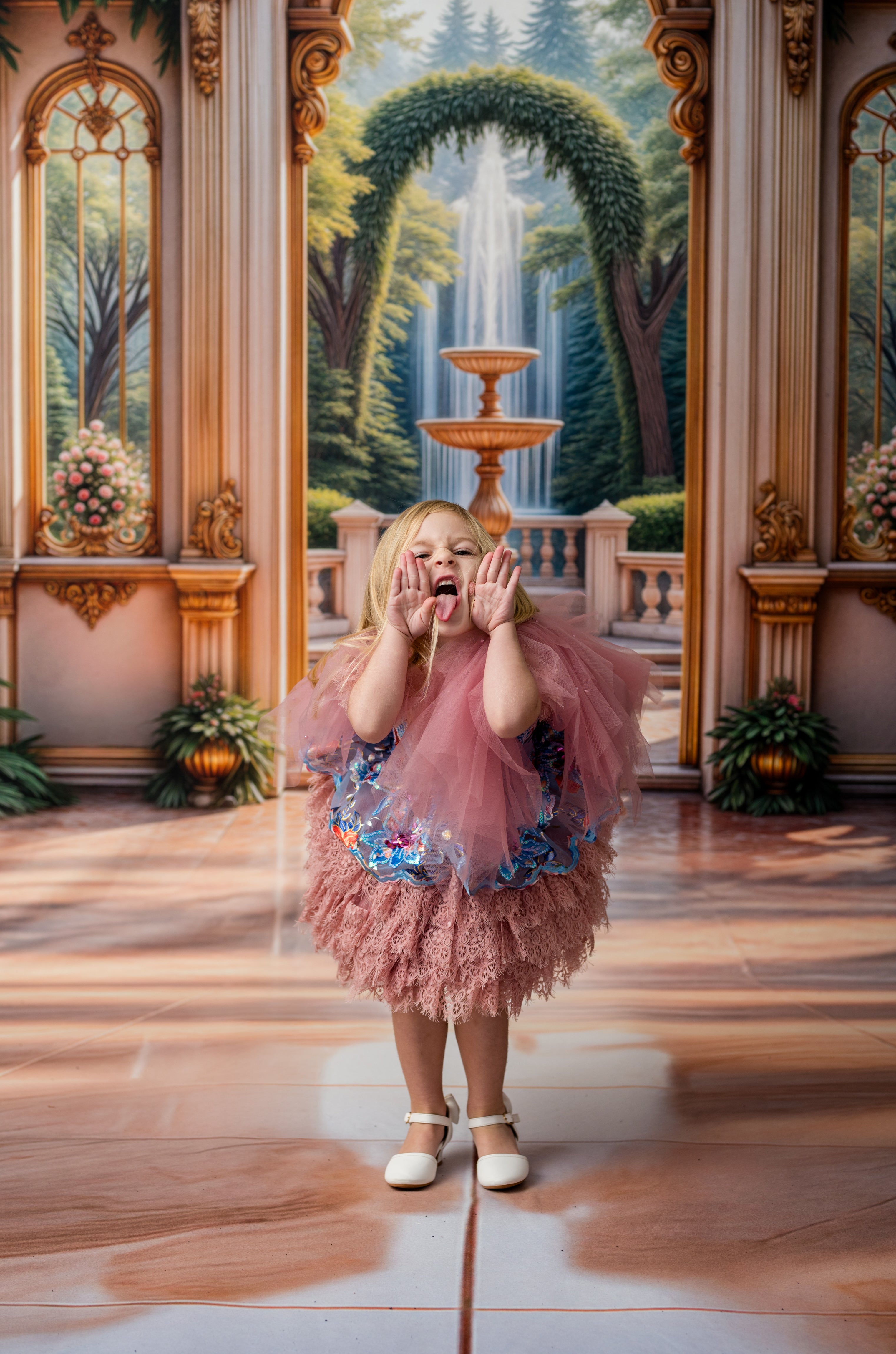 Young girl in a pink dress standing in a decorated room with a large painting of a garden.