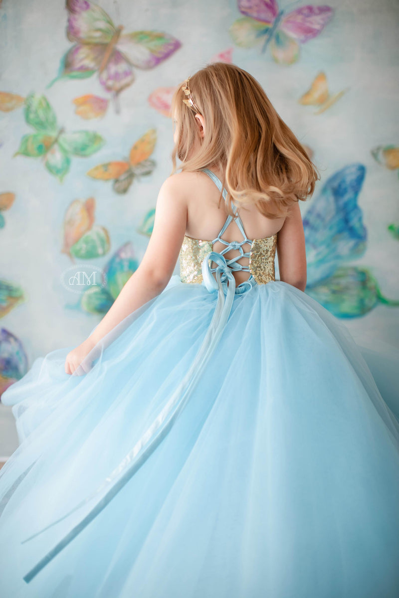 Simple Tulle Floor-Length Dress with Glitter Bodice | Custom Color Options | Editorial Couture for Special Occasions