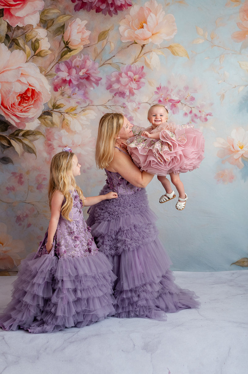Coordinated mommy and me fashion in Bentley and Lace Violet Grace gowns for spring session.

