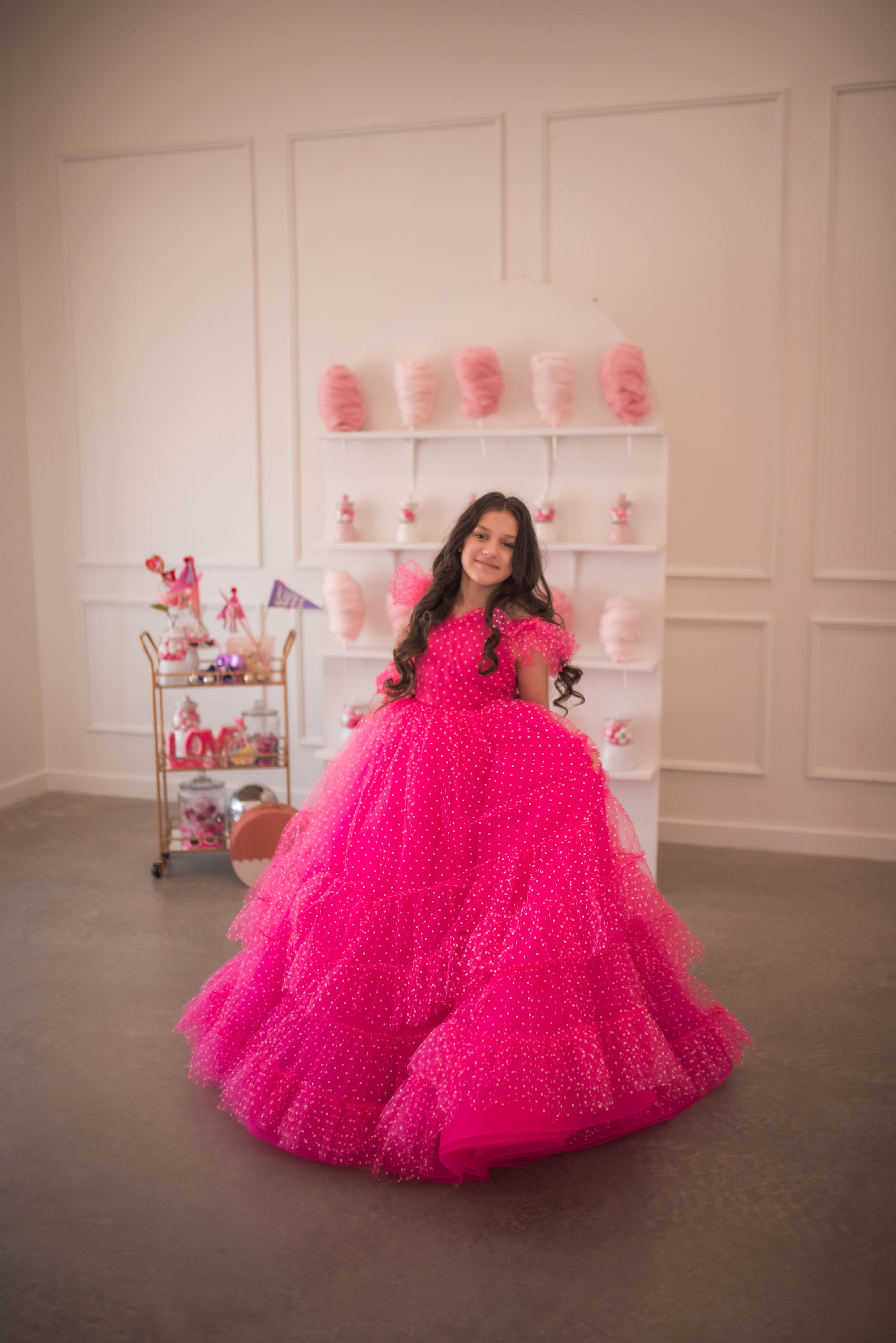 Swish Dots Couture Gown -pink- Floor length dress+Wristlets   (8 Year - 9 Year up to a petite 10 year)