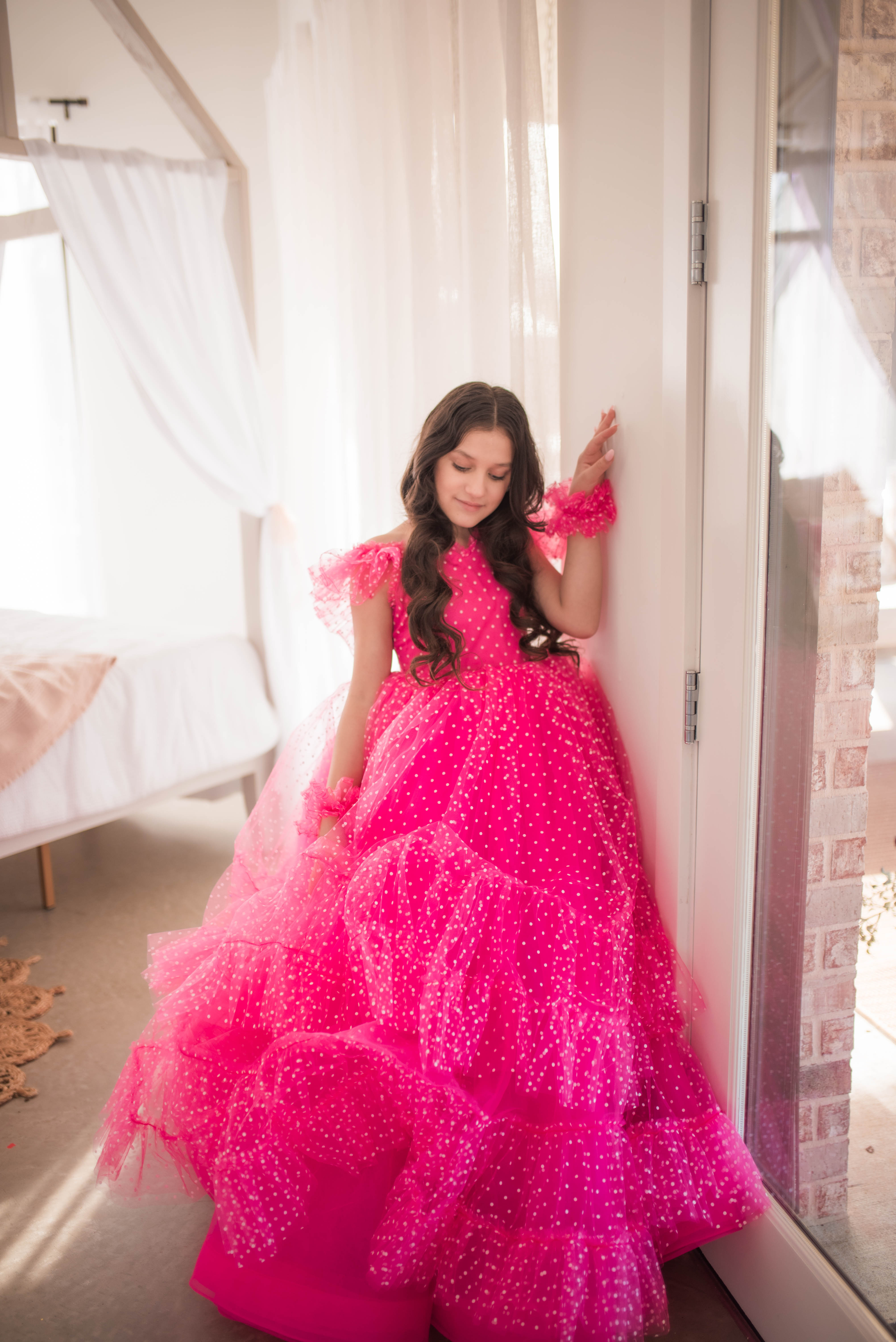 Swish Dots Couture Gown -pink- Floor length dress+Wristlets   (8 Year - 9 Year up to a petite 10 year)