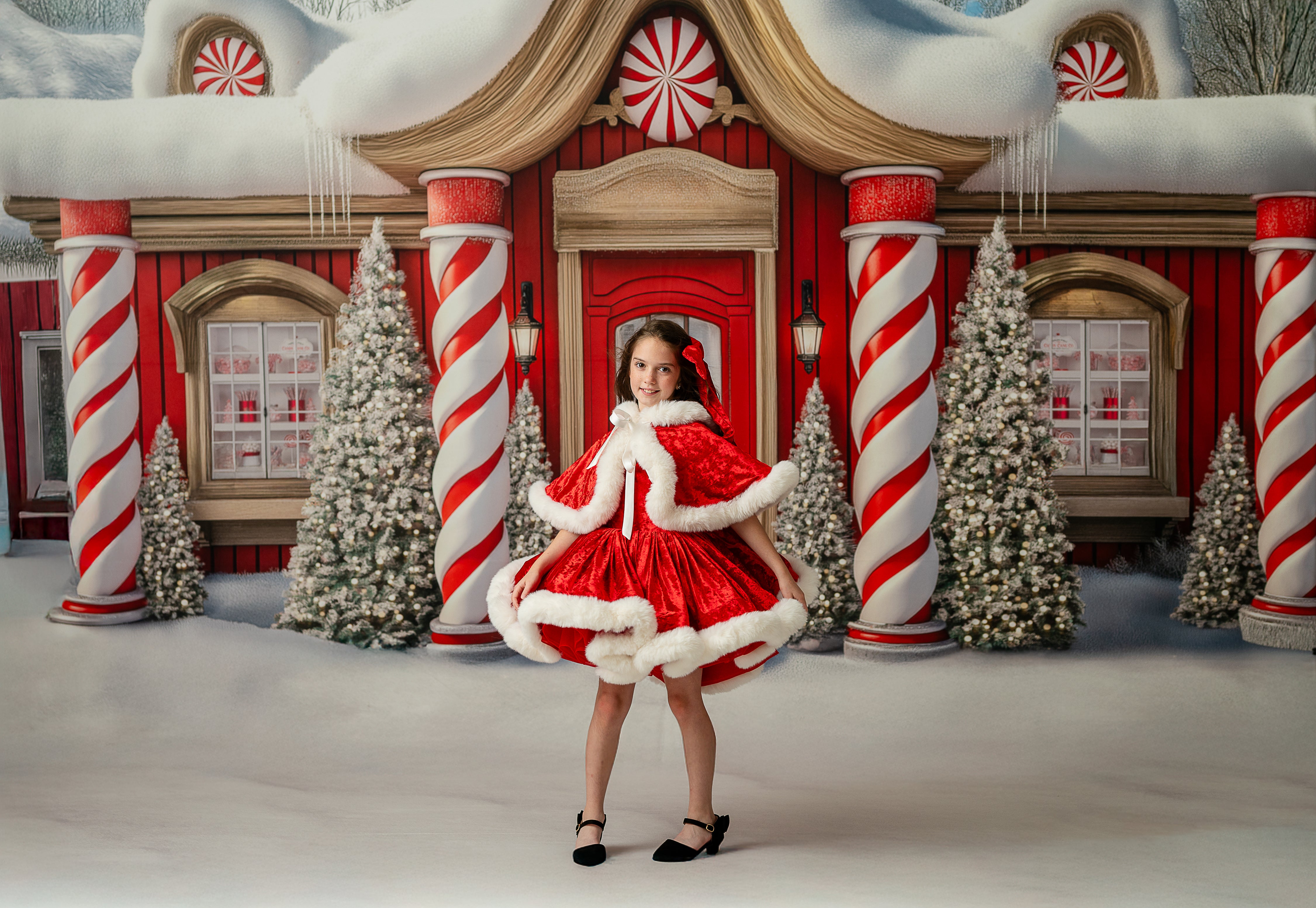 Mrs. Claus-inspired holiday dress set for girls, perfect for Christmas photo sessions.

