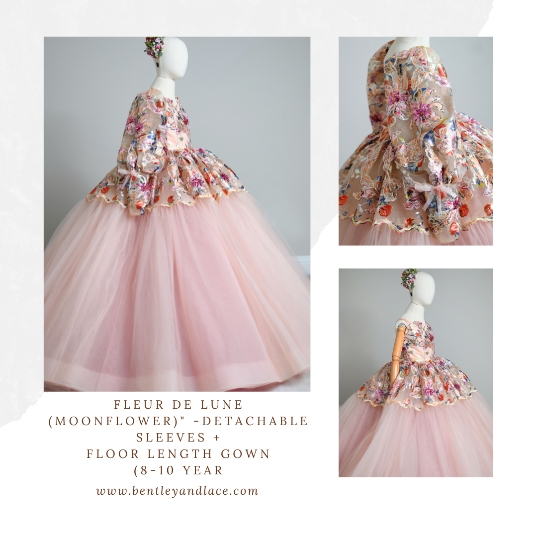 "Fleur de Lune (Moonflower)" -Detachable sleeves + Floor Length Gown - (8-10 year)