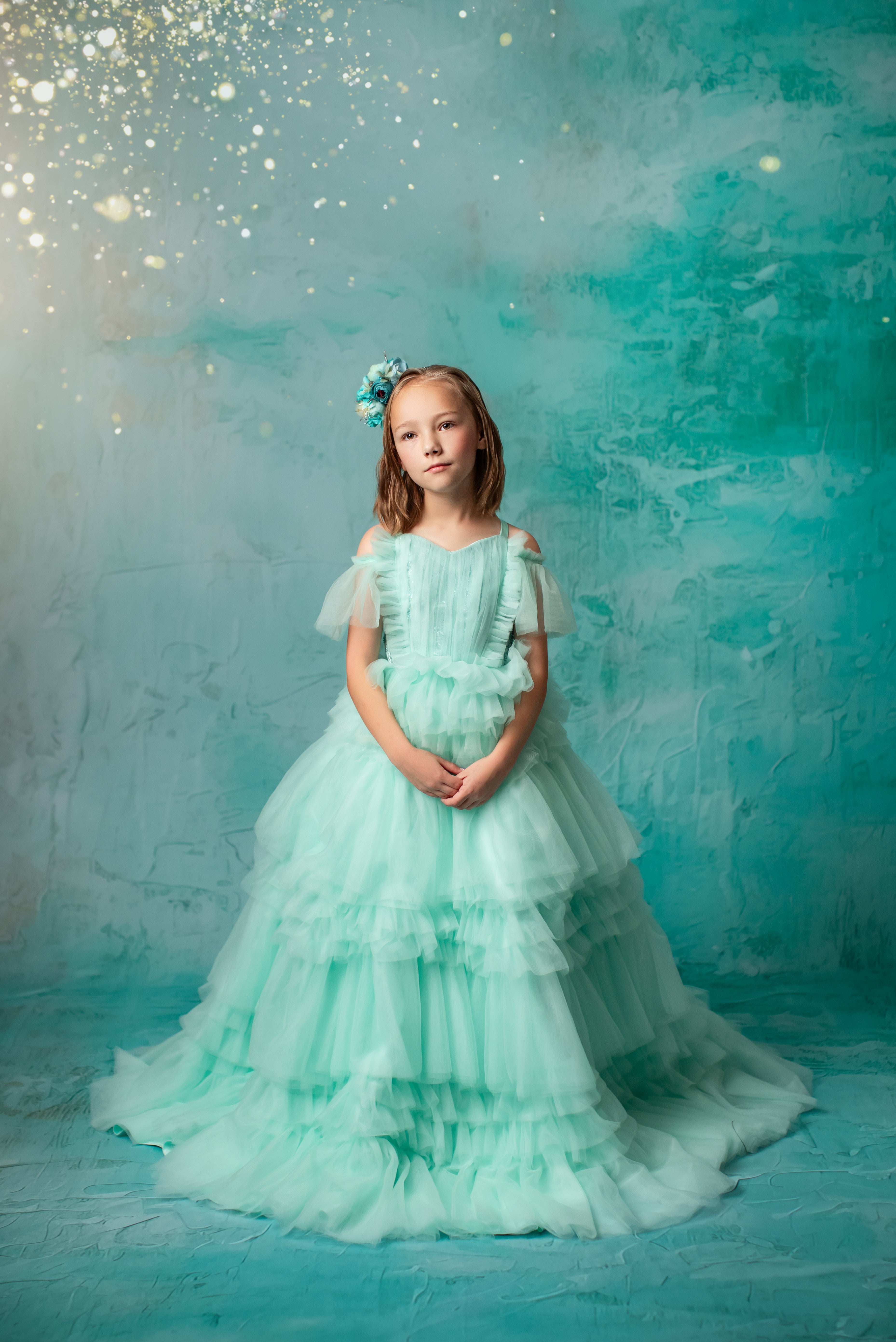 "Ethereal Whisper" -Floor Length Gown-Aqua - (6-7 Year)