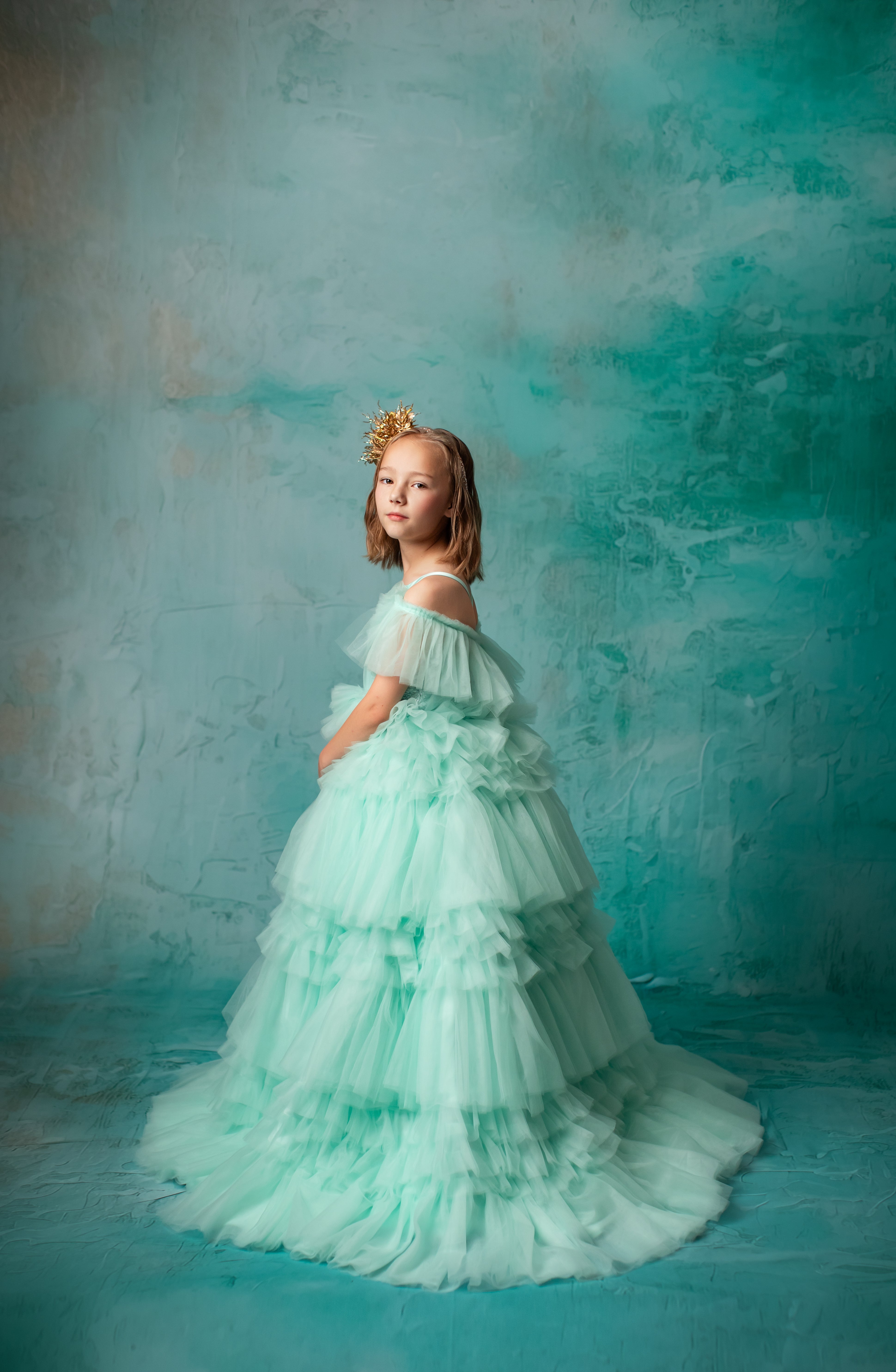 "Ethereal Whisper" -Floor Length Gown-Aqua - (6-7 Year)