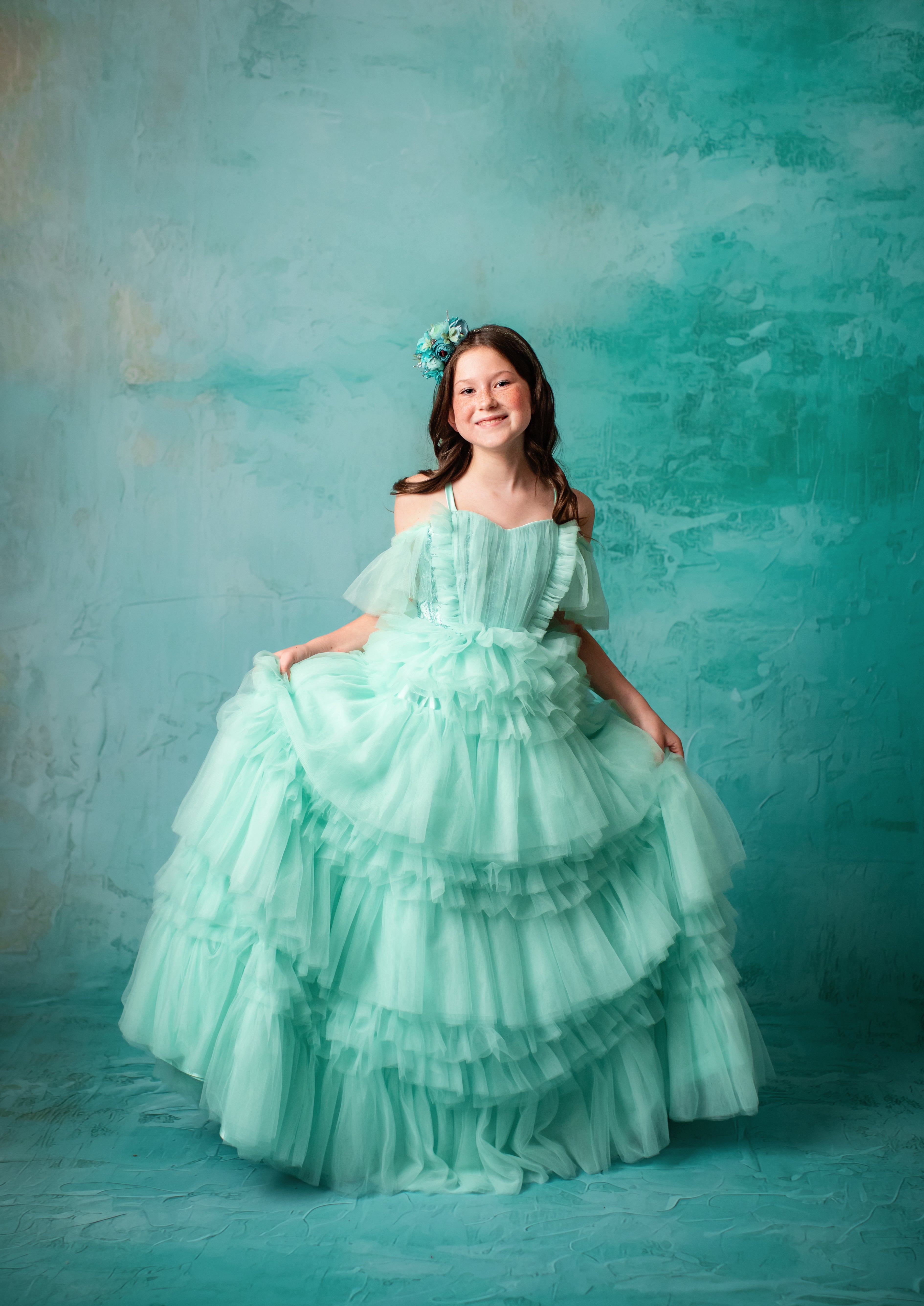 "Ethereal Whisper" -Floor Length Gown-Aqua - (6-7 Year)