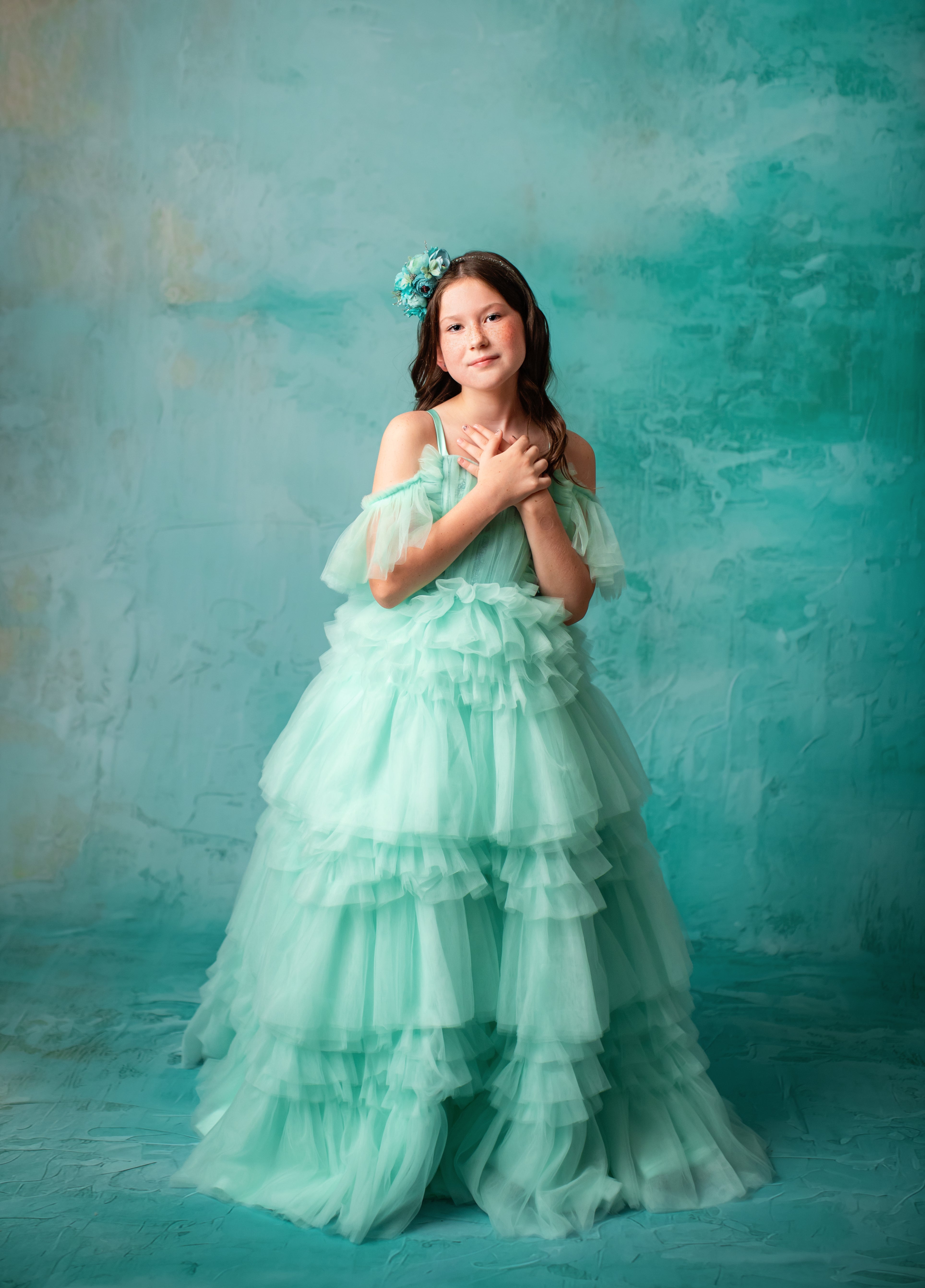 "Ethereal Whisper" -Floor Length Gown-Aqua - (6-7 Year)