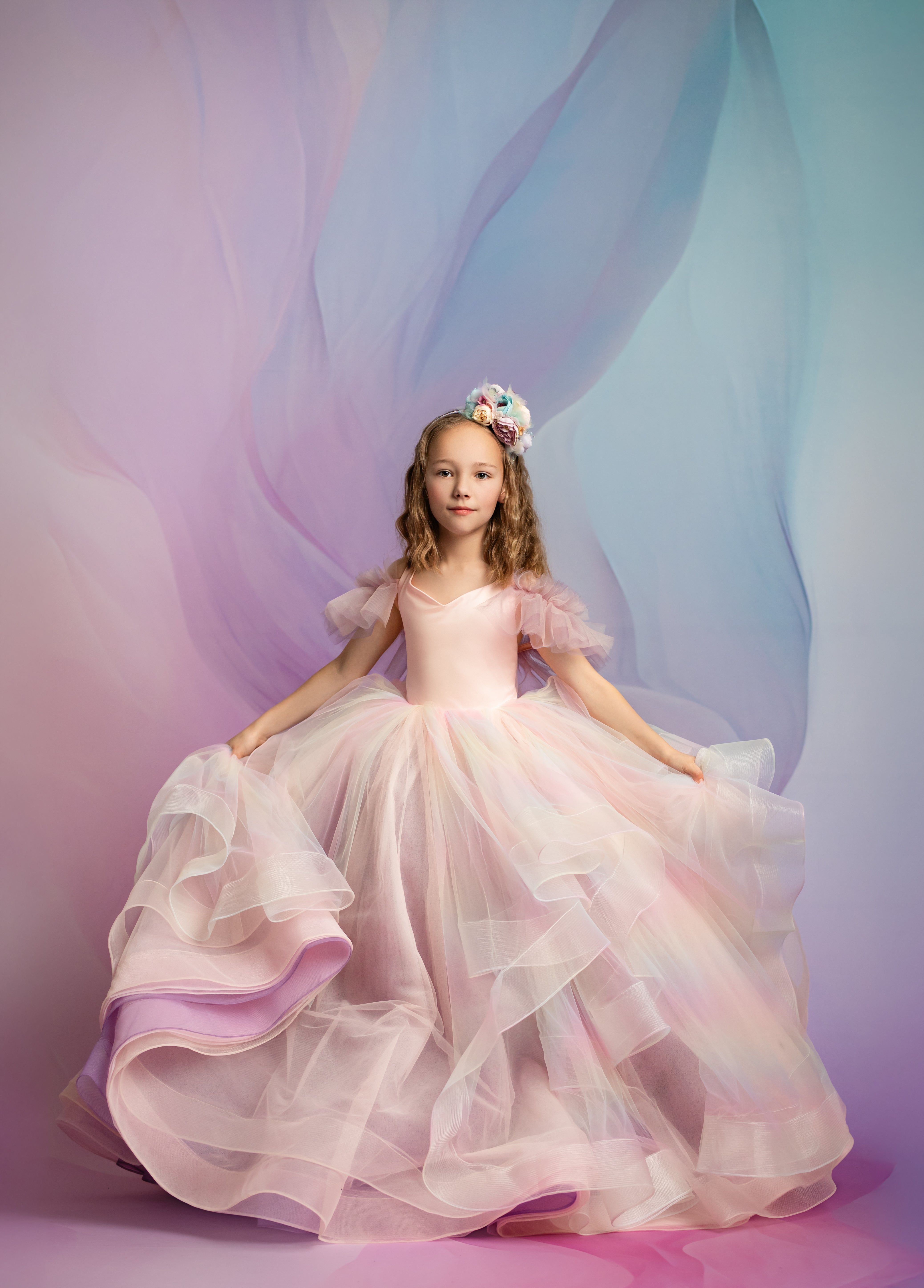 Chasing Rainbows | Customizable Pastel Dress with Detachable Tulle Sleeves for Photography & Special Occasions