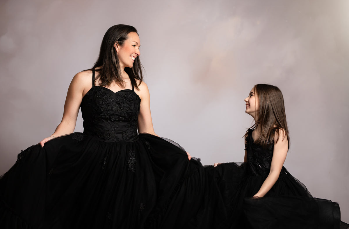 "Full-length Seraphina Grace gown with romantic silhouette and flowing skirt for styled sessions"

