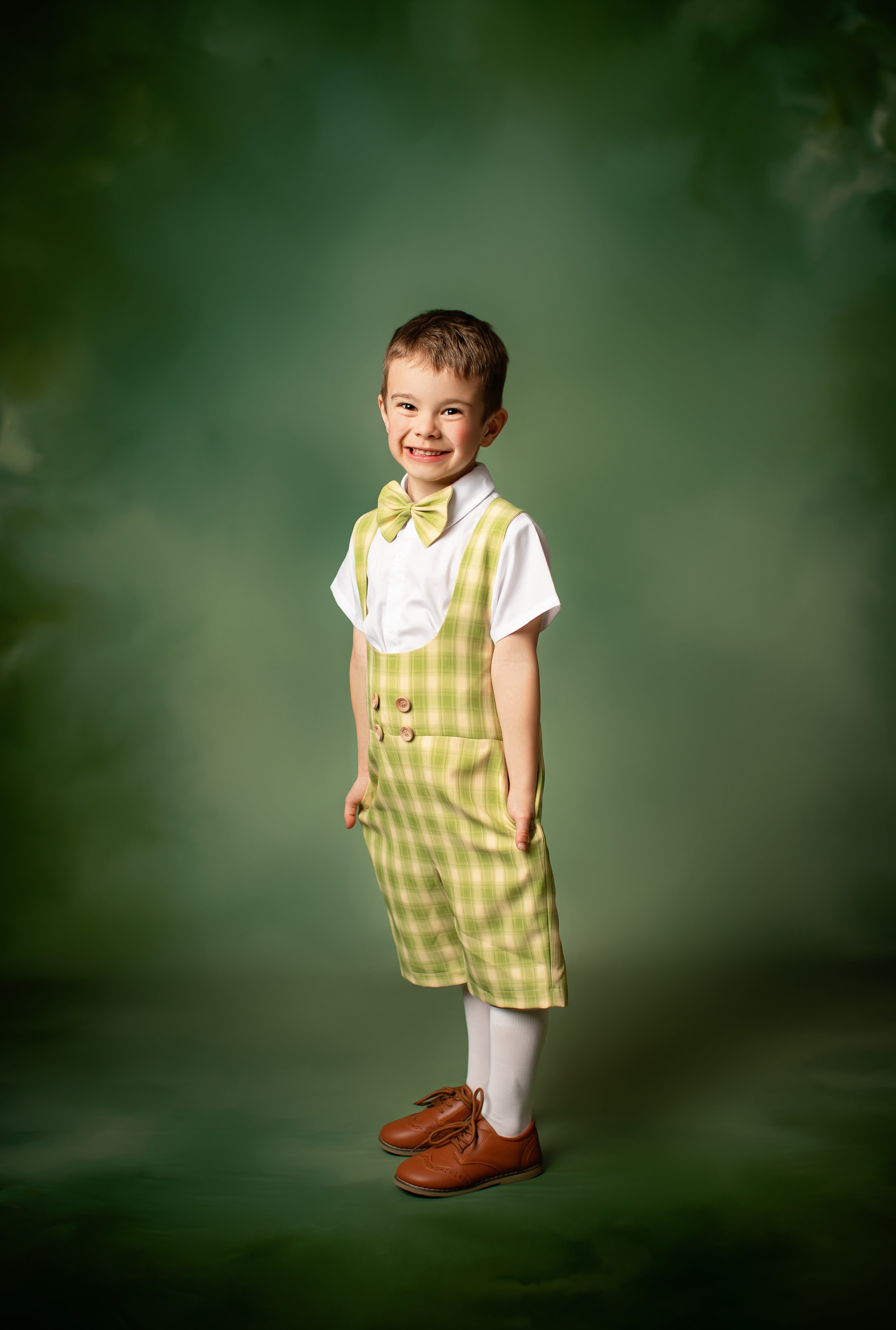 Dapper: Suspender Adventure Set-Includes 4 boys sets (2 pair of yellow plaid shorts/vest) + (2 pair of Green plaid shorts/vest )( 5 Year - Petite 9 Year)