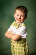 Dapper: Suspender Adventure Set-Includes 4 boys sets (2 pair of yellow plaid shorts/vest) + (2 pair of Green plaid shorts/vest )( 5 Year - Petite 9 Year)