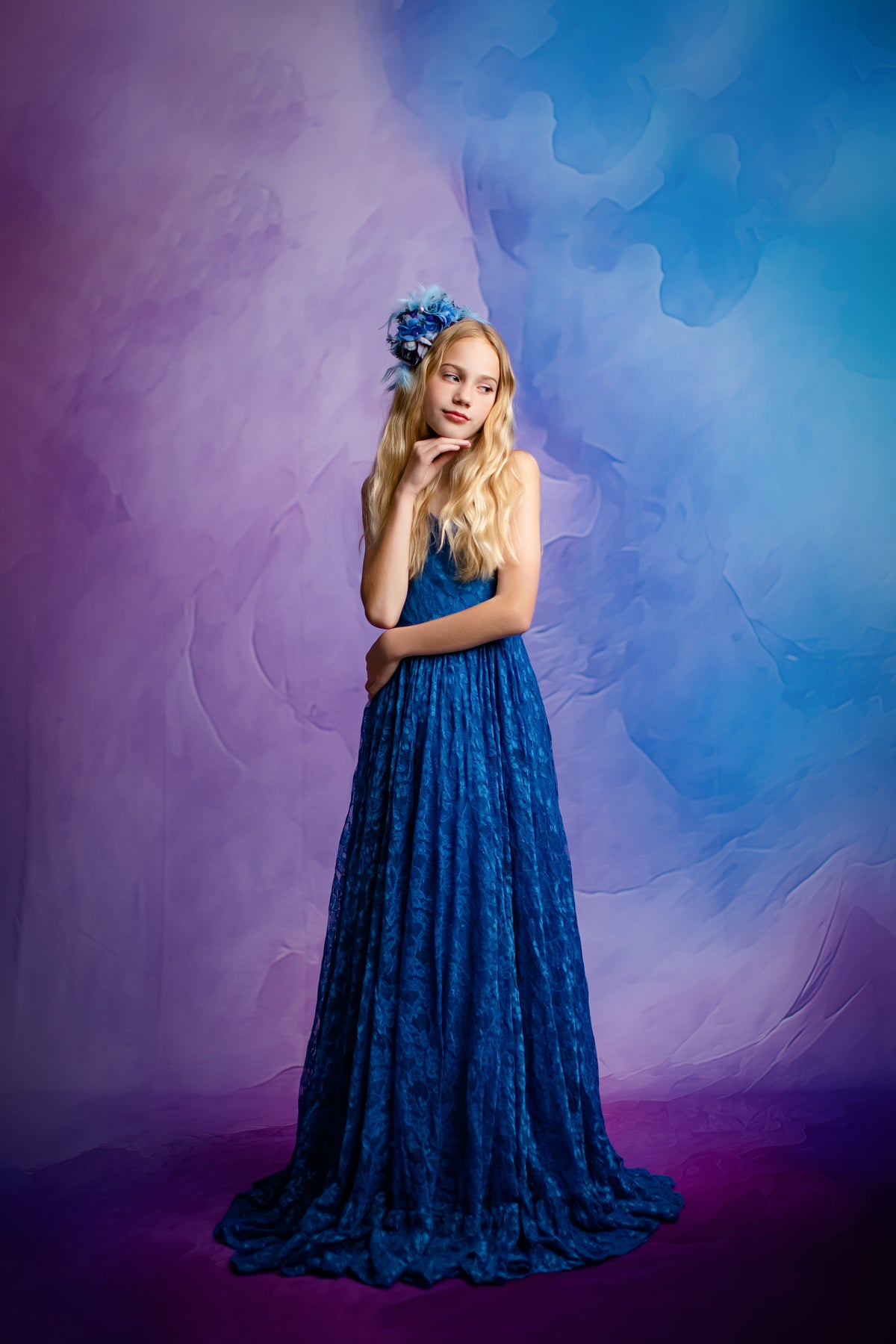 Photography session featuring Everly Dress in dusty blue

