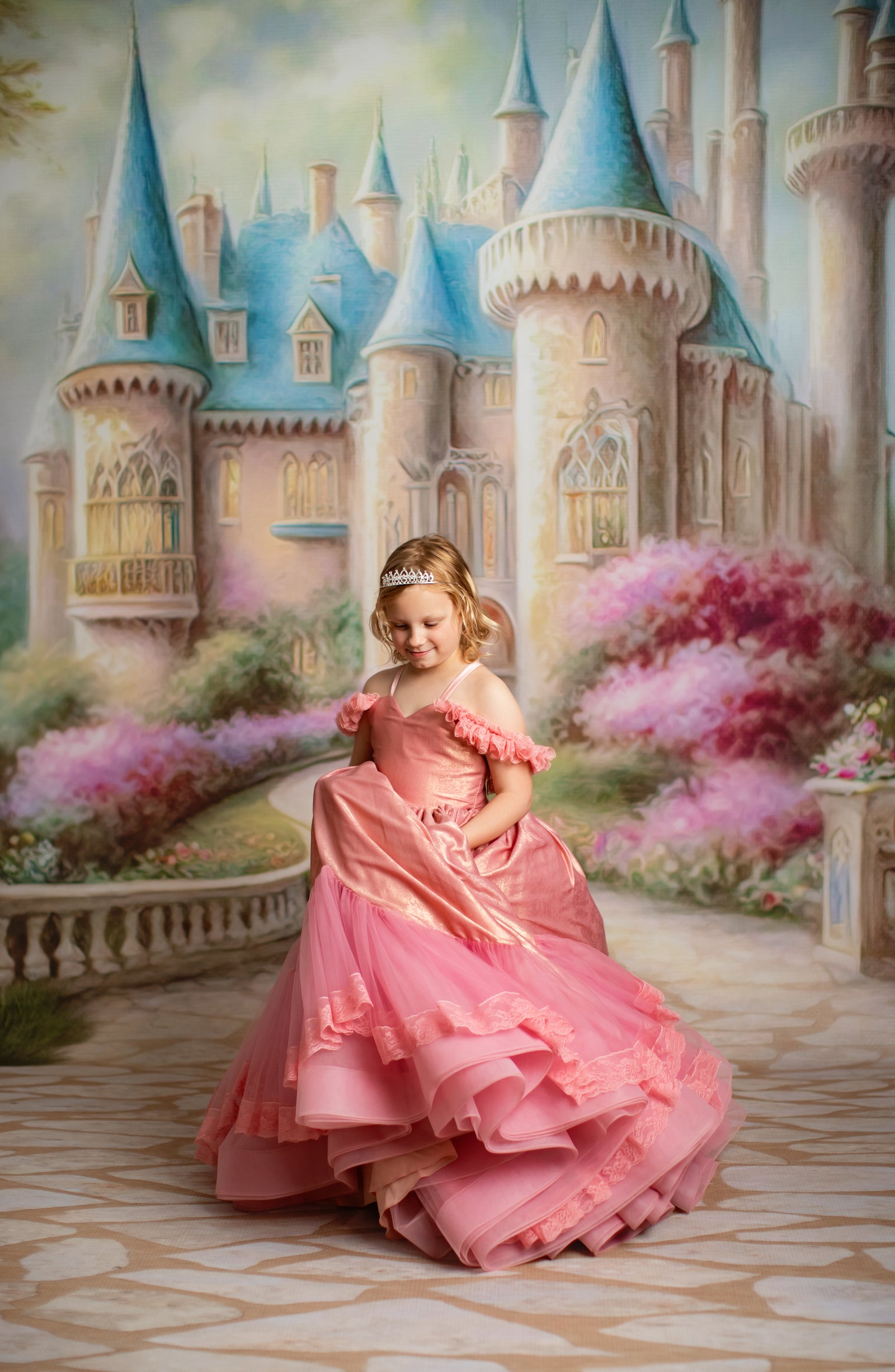 Classic princess-inspired dress with modern design elements and soft shimmer

