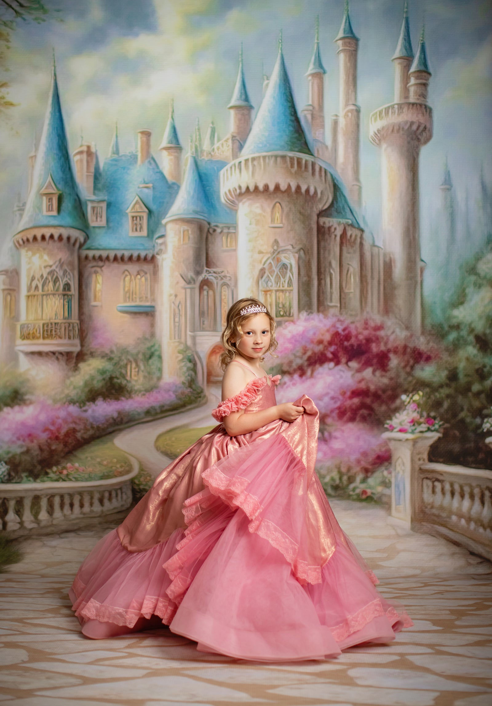 Whimsical Princess gown with apron-style overlay and elastic waist for girls

