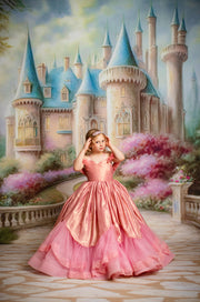Floor-length satin Princess gown with apron overlay on child model in natural light


