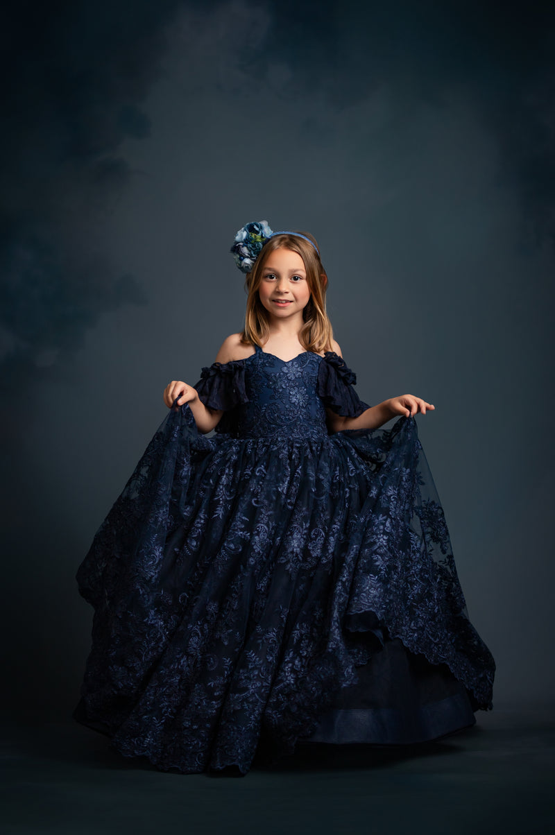 "Addison Couture Gown with full tulle skirt and intricate lace embroidery for styled photography sessions"

