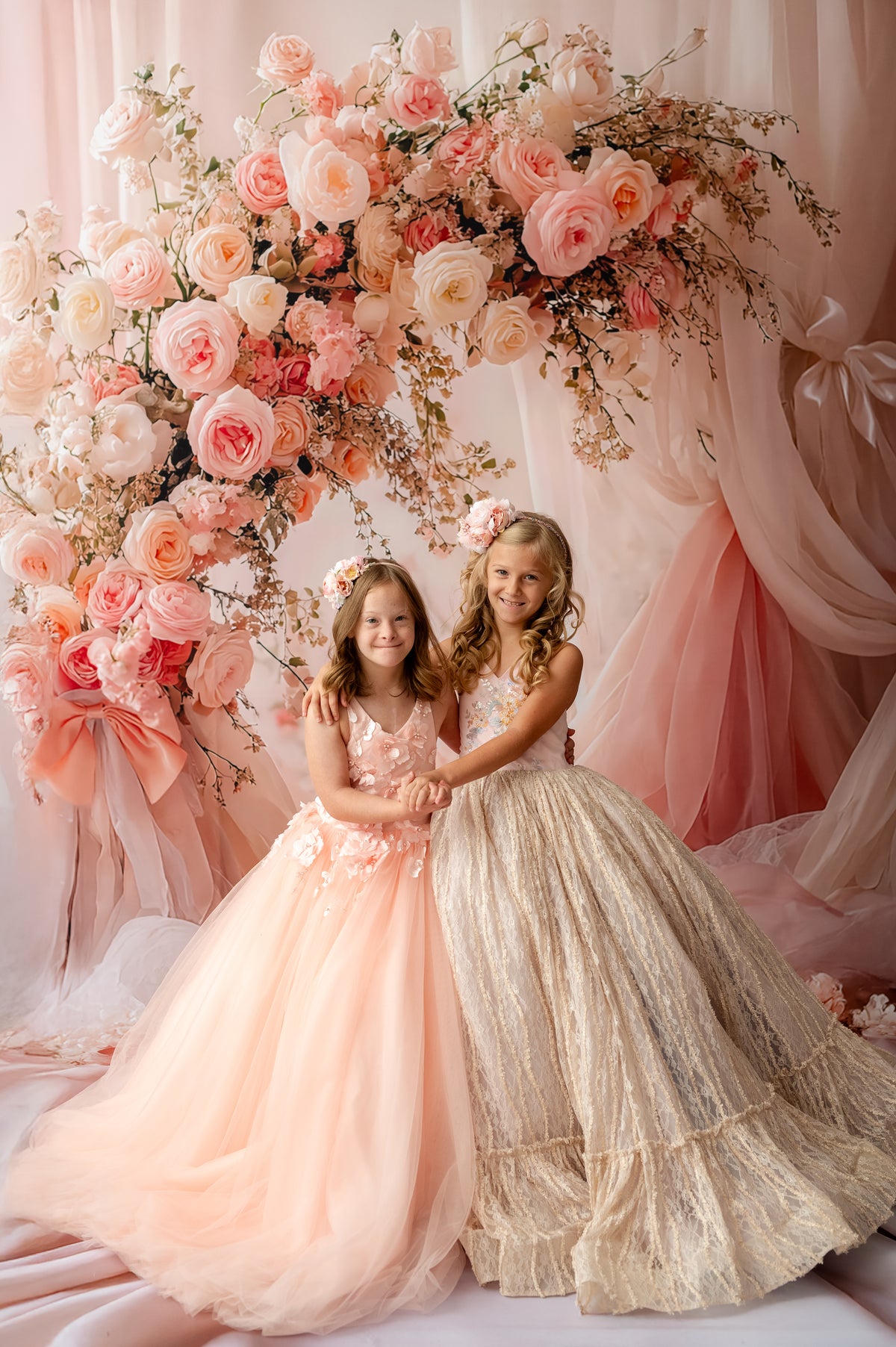 "Children’s luxury photography gown with floral embroidered bodice and full lace skirt"