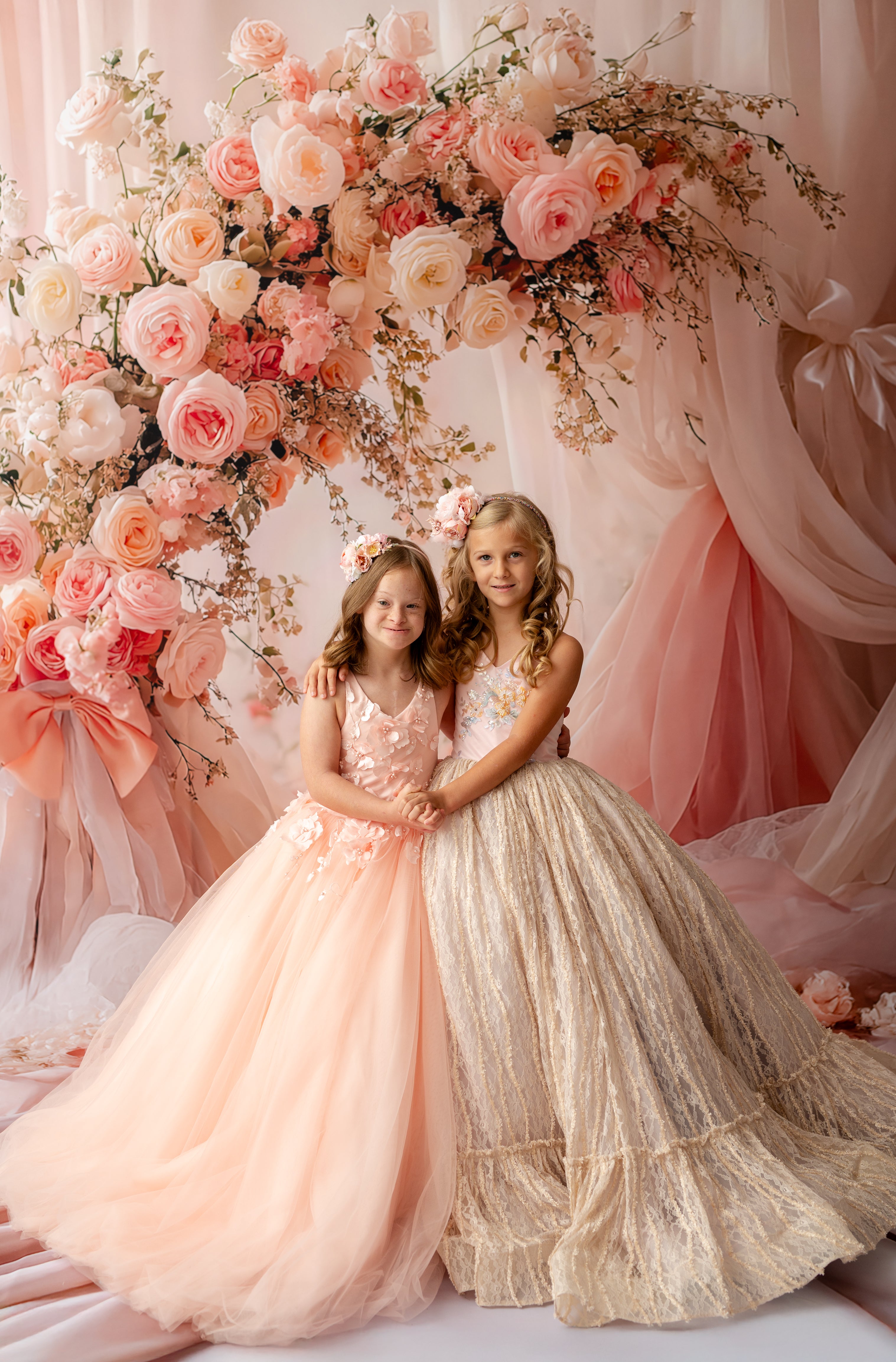 "Children’s luxury photography gown with floral embroidered bodice and full lace skirt"