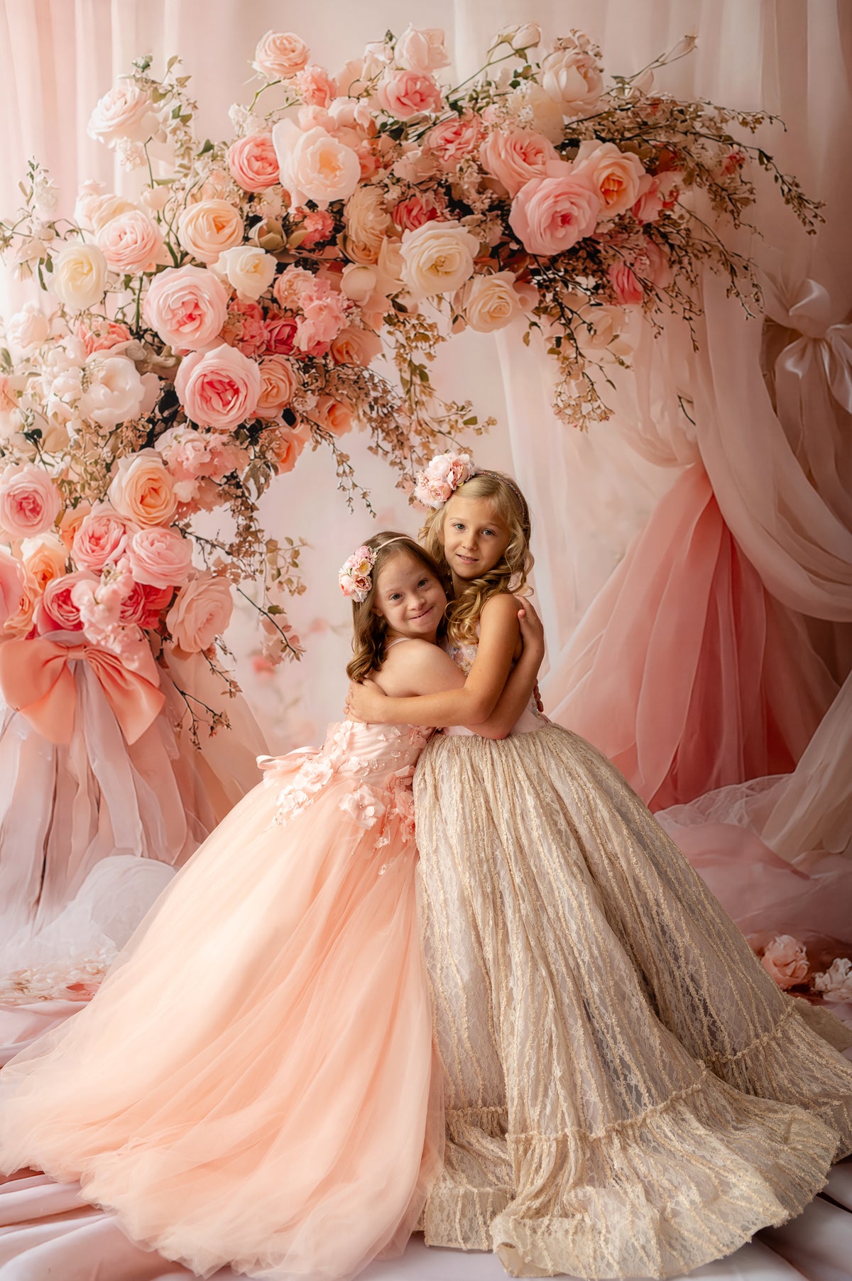 "Luxury couture gown for girls featuring blush pink bodice and voluminous skirt"