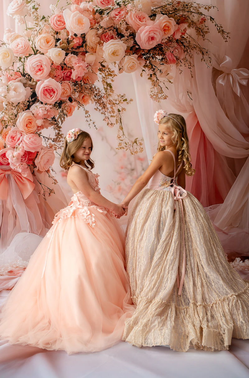 "Fine art photography gown for children with romantic floral detailing"