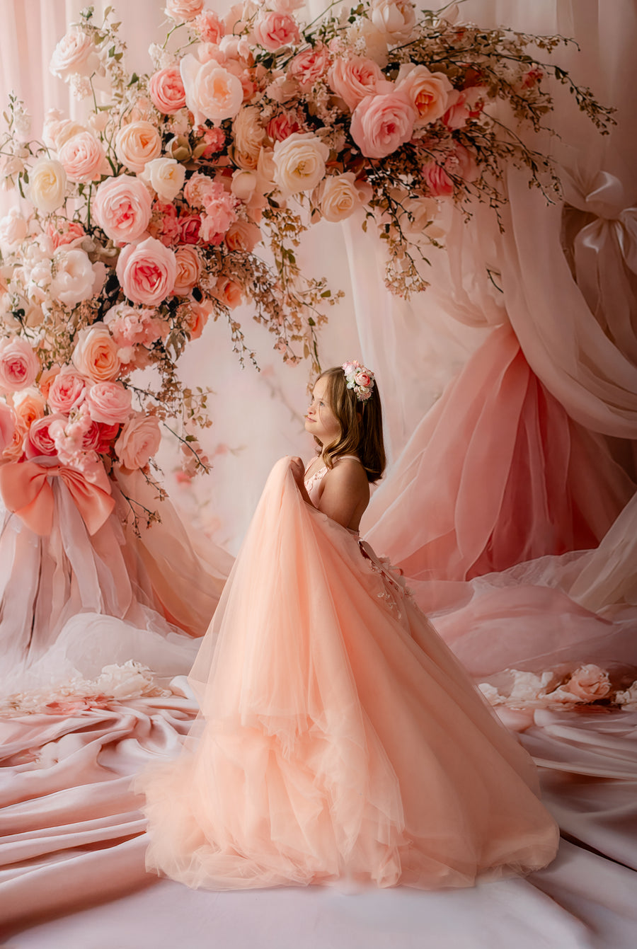 "Peach Blossom Whisper couture dress – luxury floor-length gown for girls"