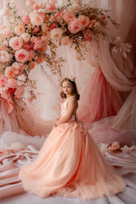 "Peach blush luxury photography gown for birthdays, weddings, and styled shoots"