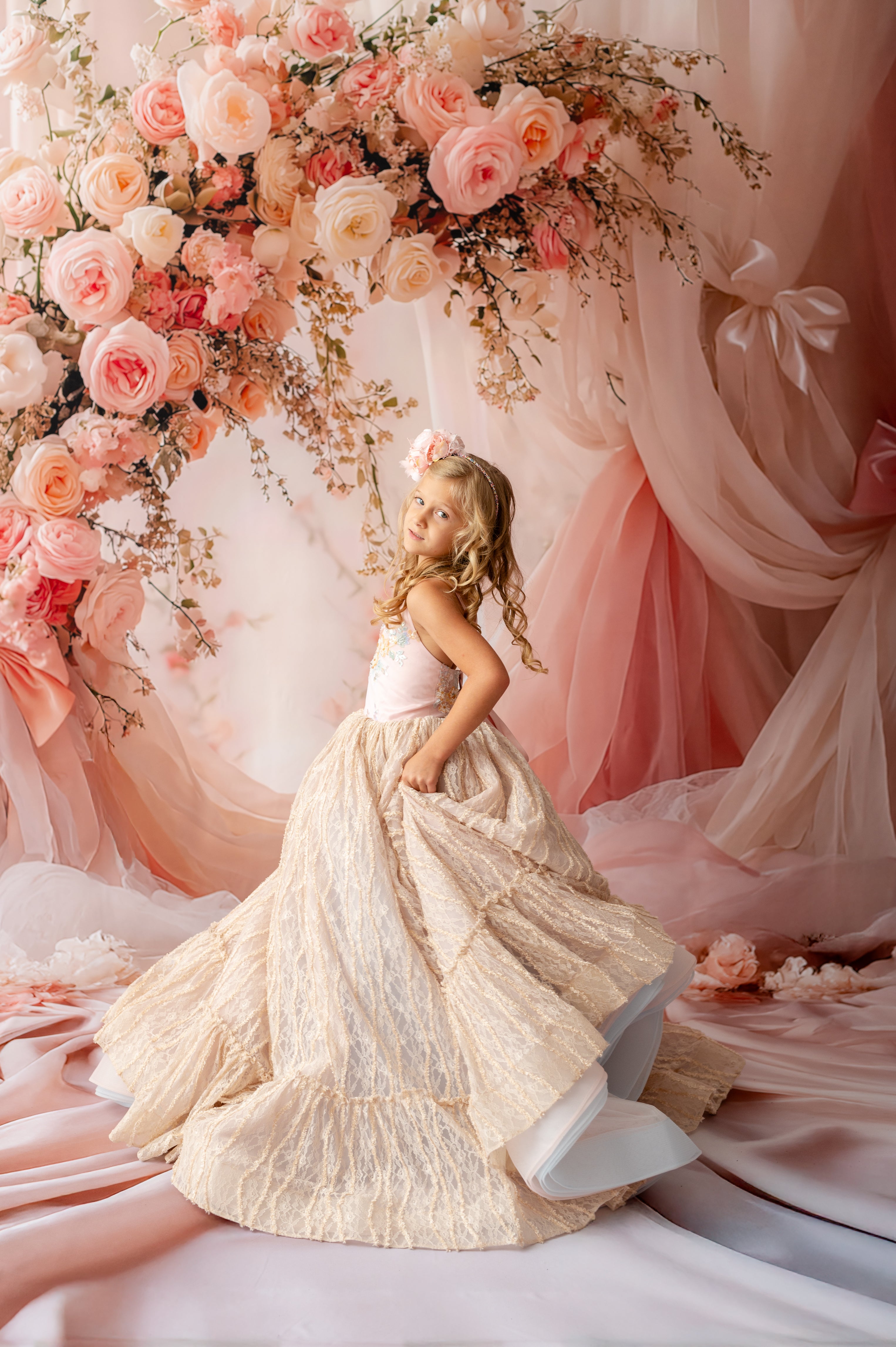 "Luxury couture gown for girls featuring blush pink bodice and voluminous skirt"