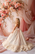 "Luxury couture flower girl dress blush pink and gold lace – perfect for weddings and photoshoots"