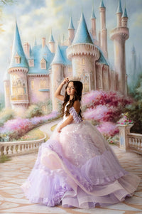 Woman in a purple gown posing in front of a fairy-tale castle