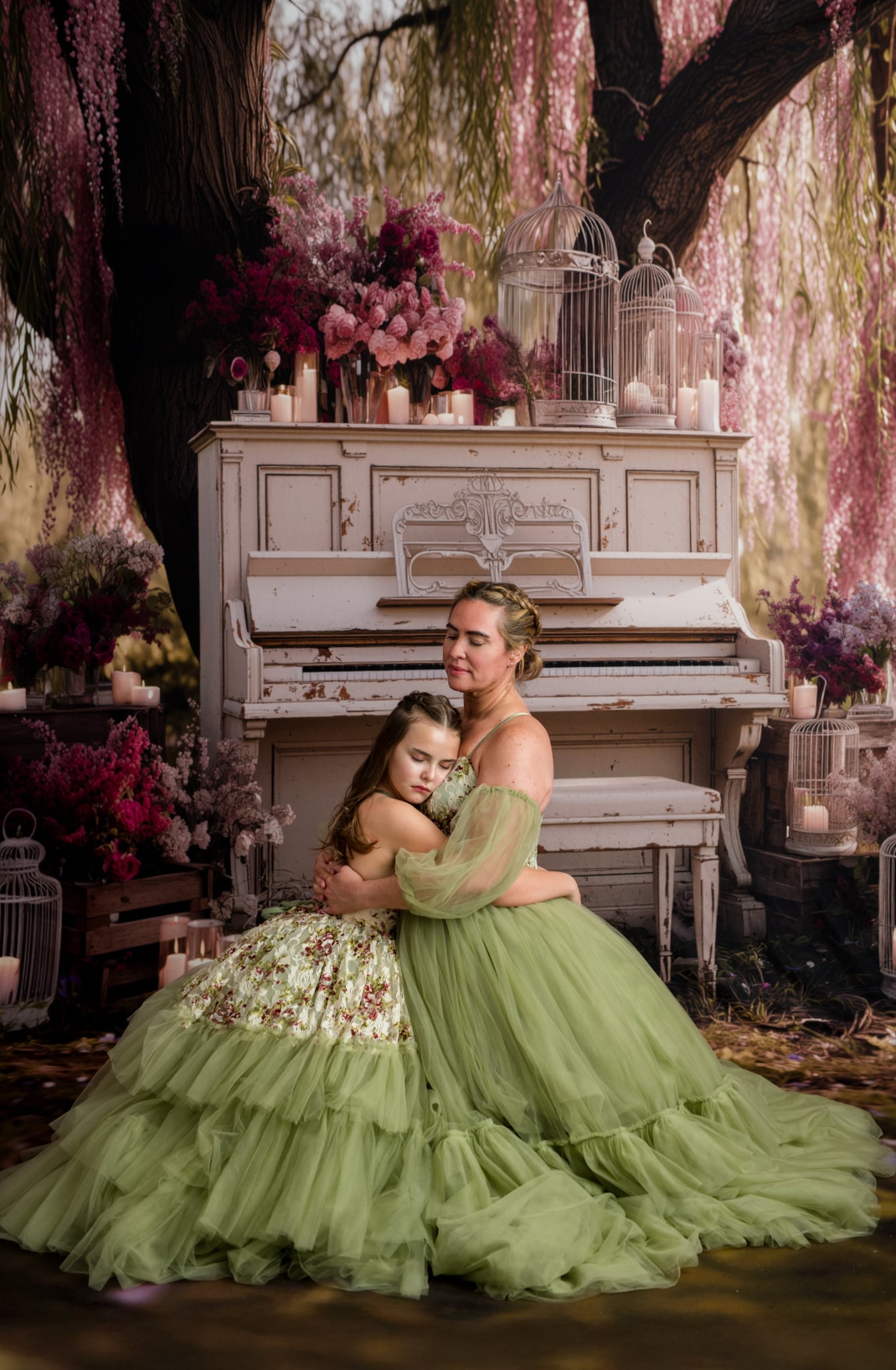 Two women in green dresses embracing in front of a vintage piano with floral decorations.