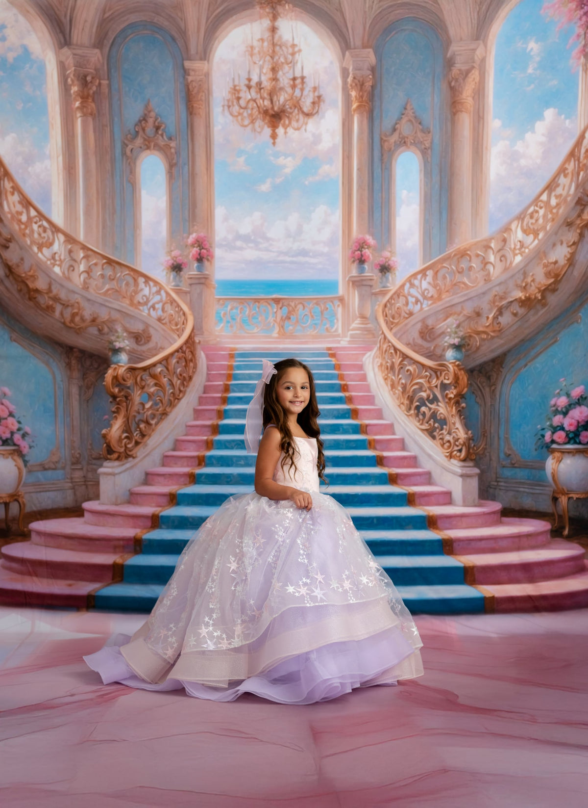 Young girl in a white dress standing on a grand staircase with ornate decorations and a chandelier.